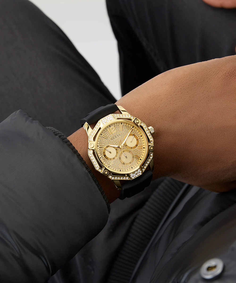 GUESS Mens Black Gold Tone Multi-function Watch
