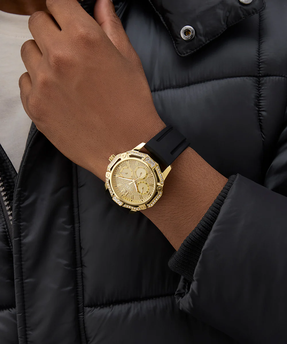 GUESS Mens Black Gold Tone Multi-function Watch