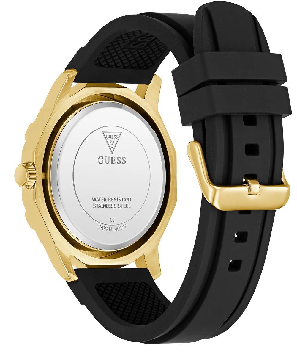 GUESS Mens Black Gold Tone Multi-function Watch