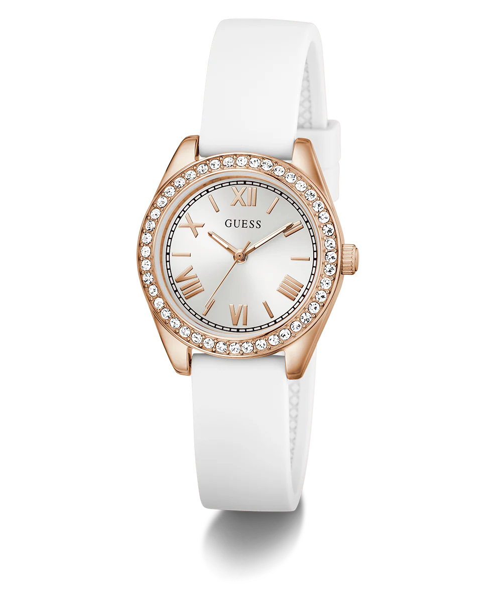 GUESS Ladies Mini Luna White Rose Gold Tone Analog Watch