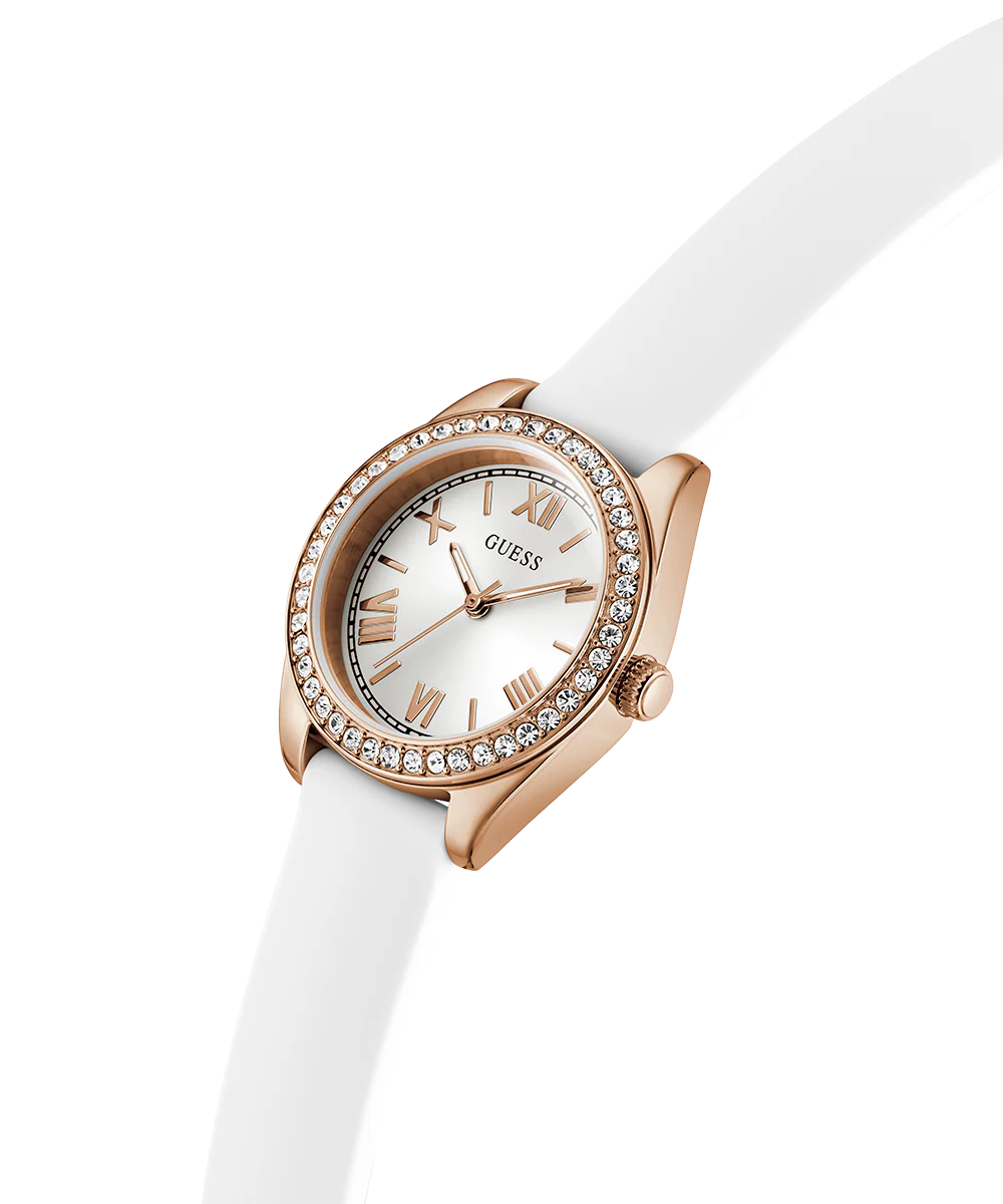 GUESS Ladies Mini Luna White Rose Gold Tone Analog Watch