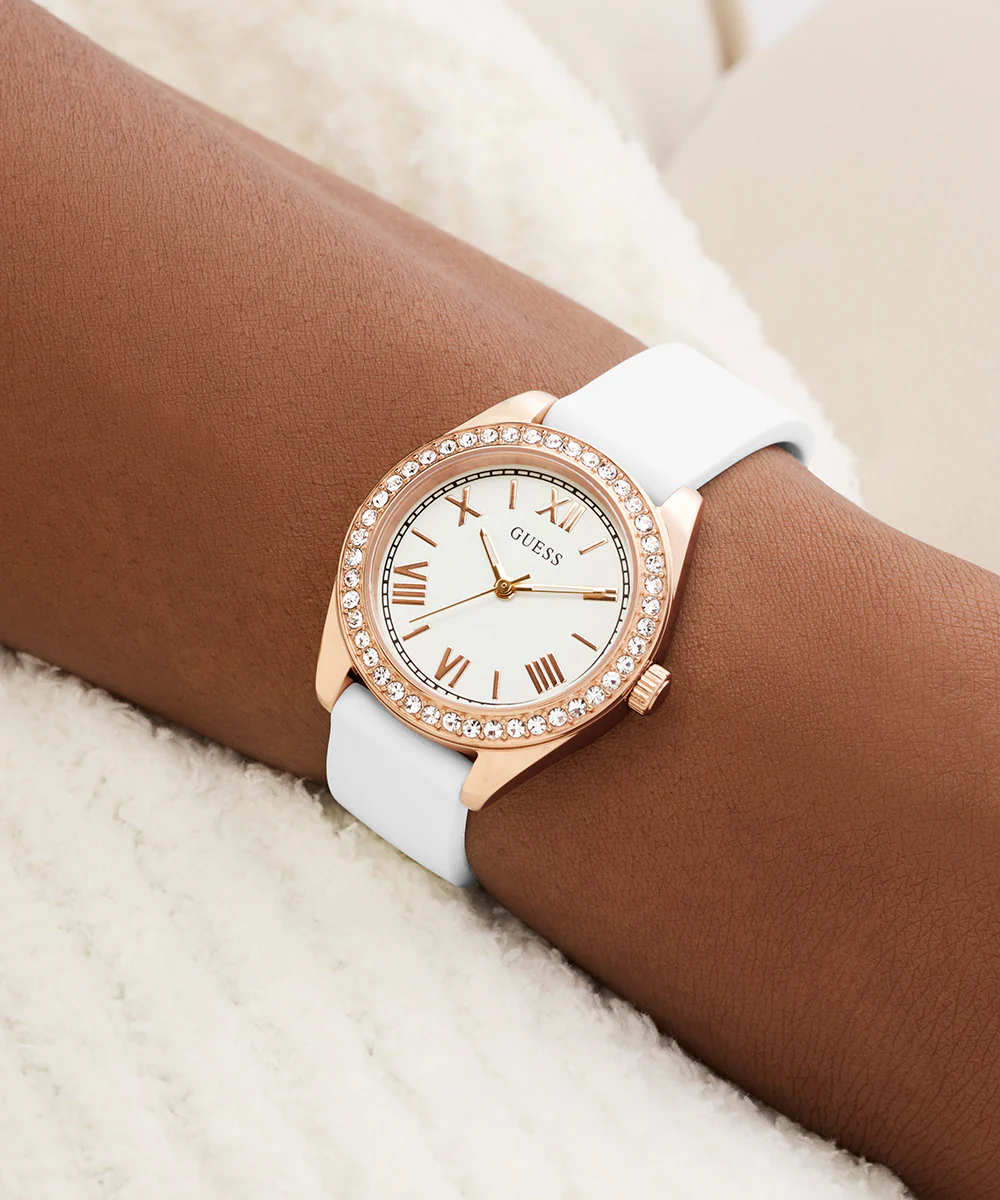 GUESS Ladies Mini Luna White Rose Gold Tone Analog Watch