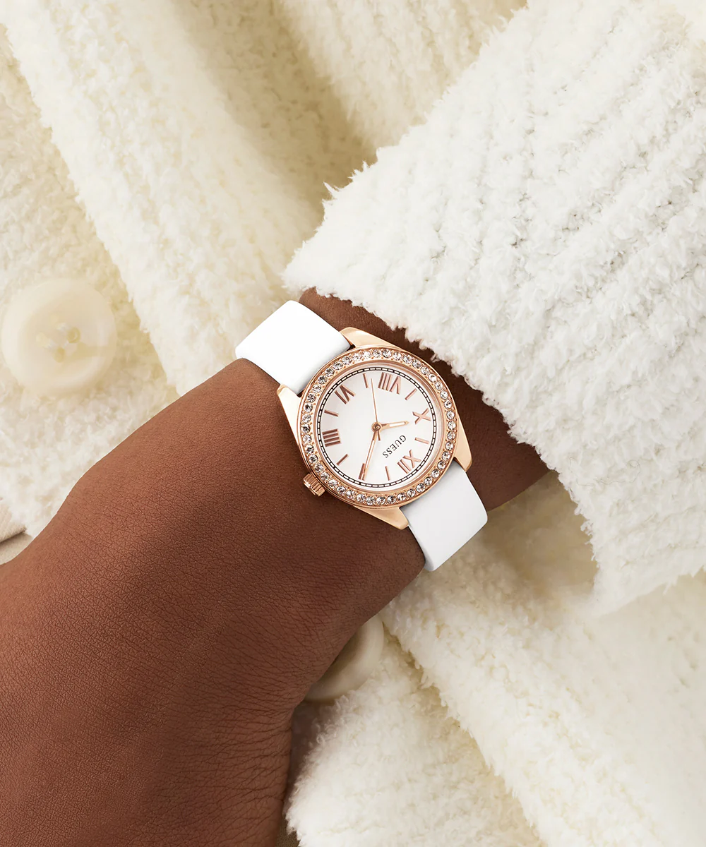 GUESS Ladies Mini Luna White Rose Gold Tone Analog Watch