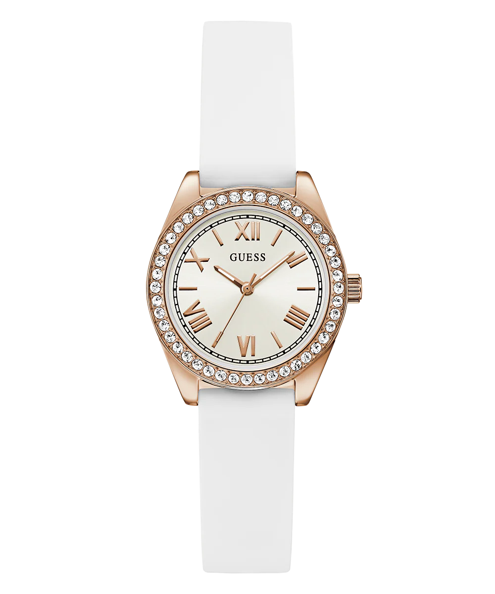 GUESS Ladies Mini Luna White Rose Gold Tone Analog Watch