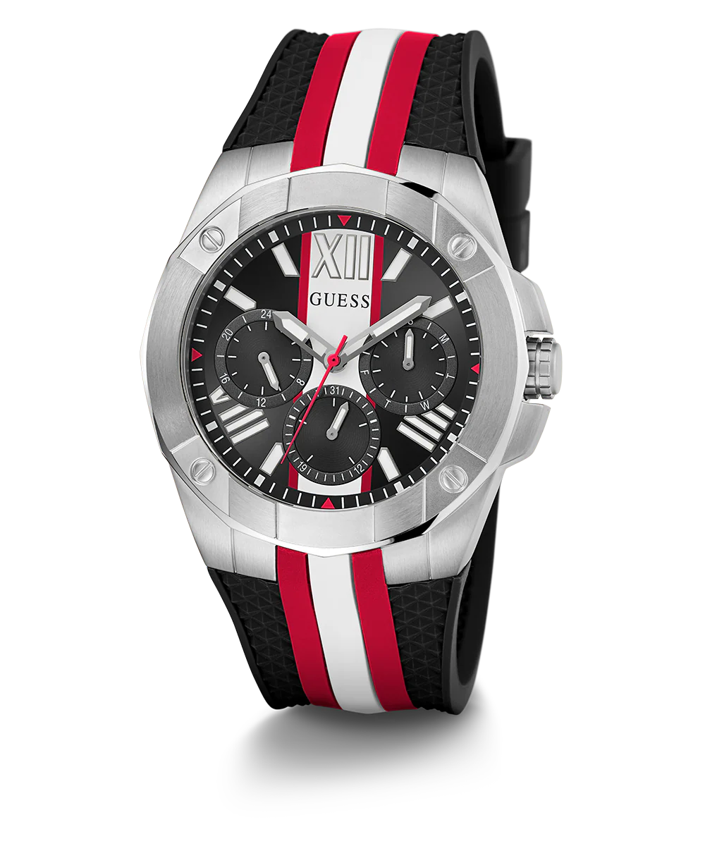GUESS Mens Black Silver Tone Multi-function Watch