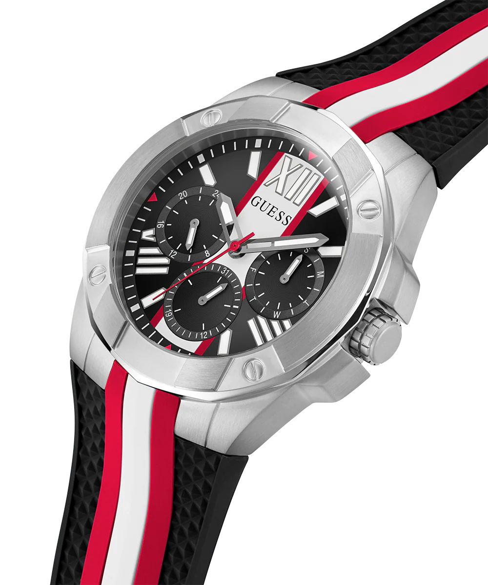 GUESS Mens Black Silver Tone Multi-function Watch