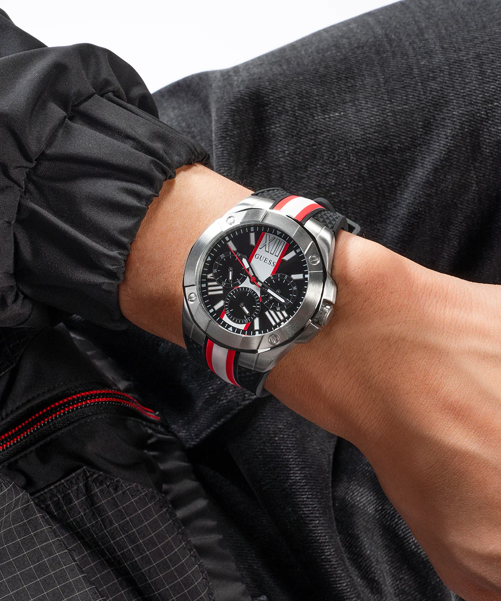 GUESS Mens Black Silver Tone Multi-function Watch