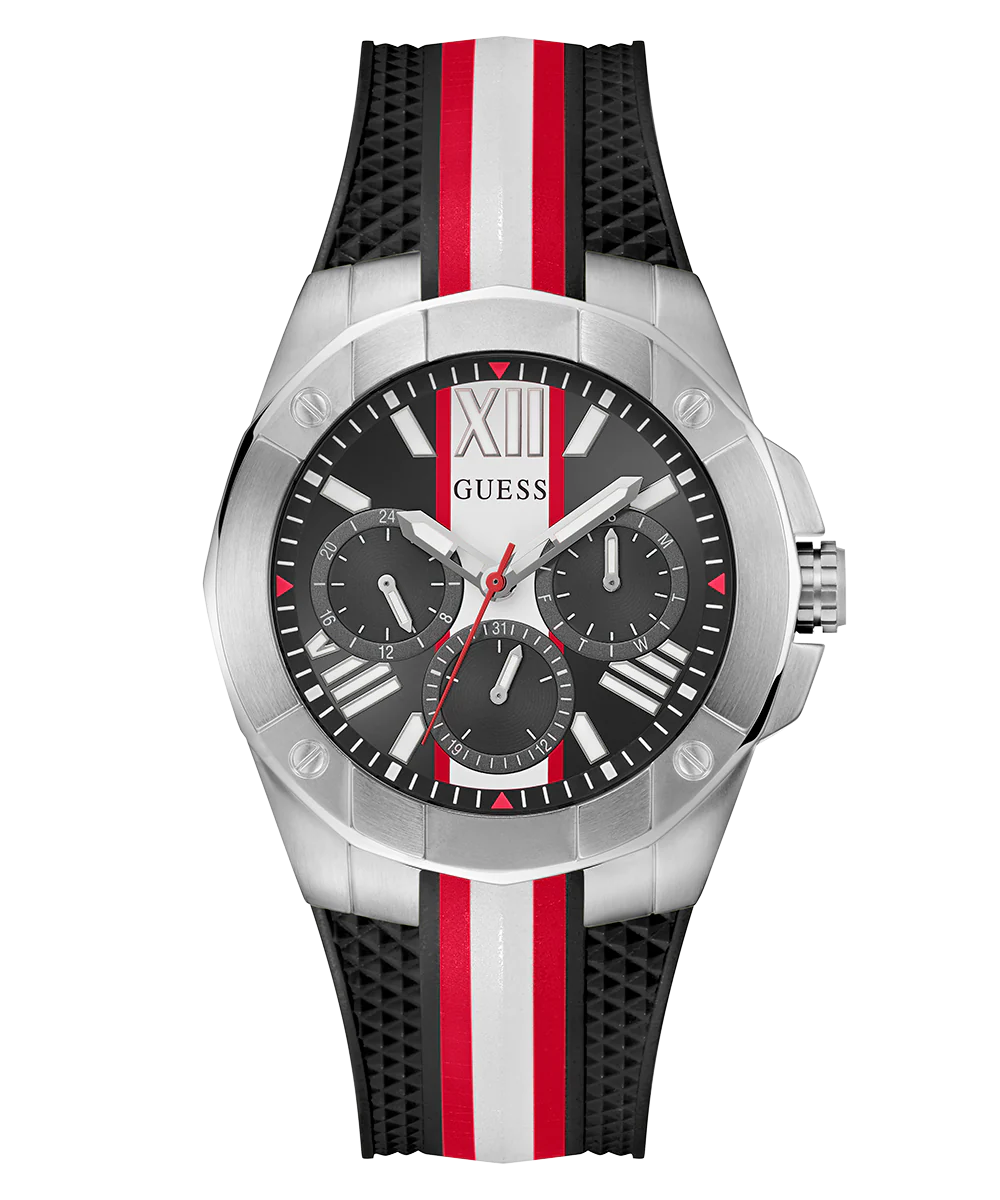 GUESS Mens Black Silver Tone Multi-function Watch