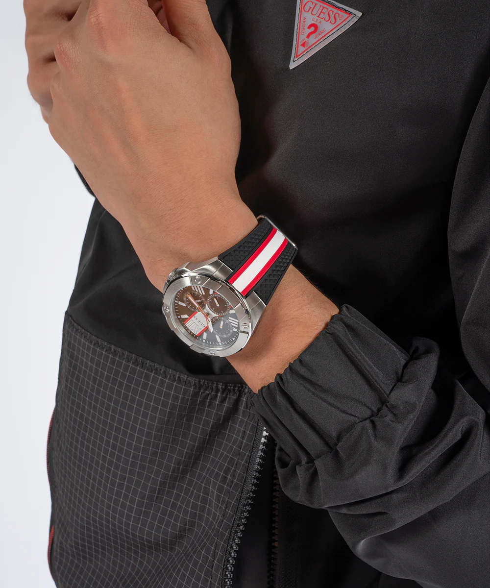 GUESS Mens Black Silver Tone Multi-function Watch