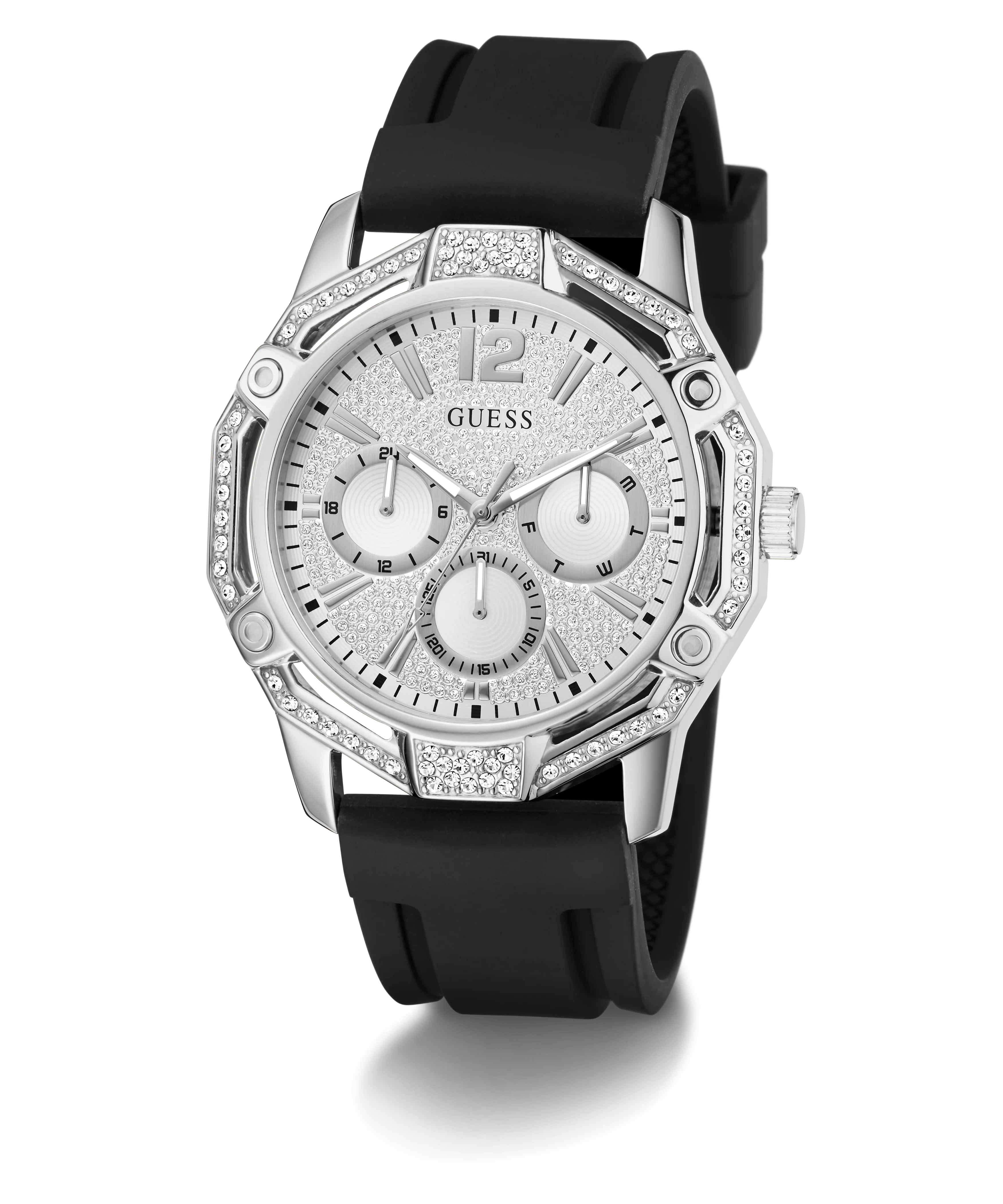 GUESS Mens Black Silver Tone Multi-function Watch