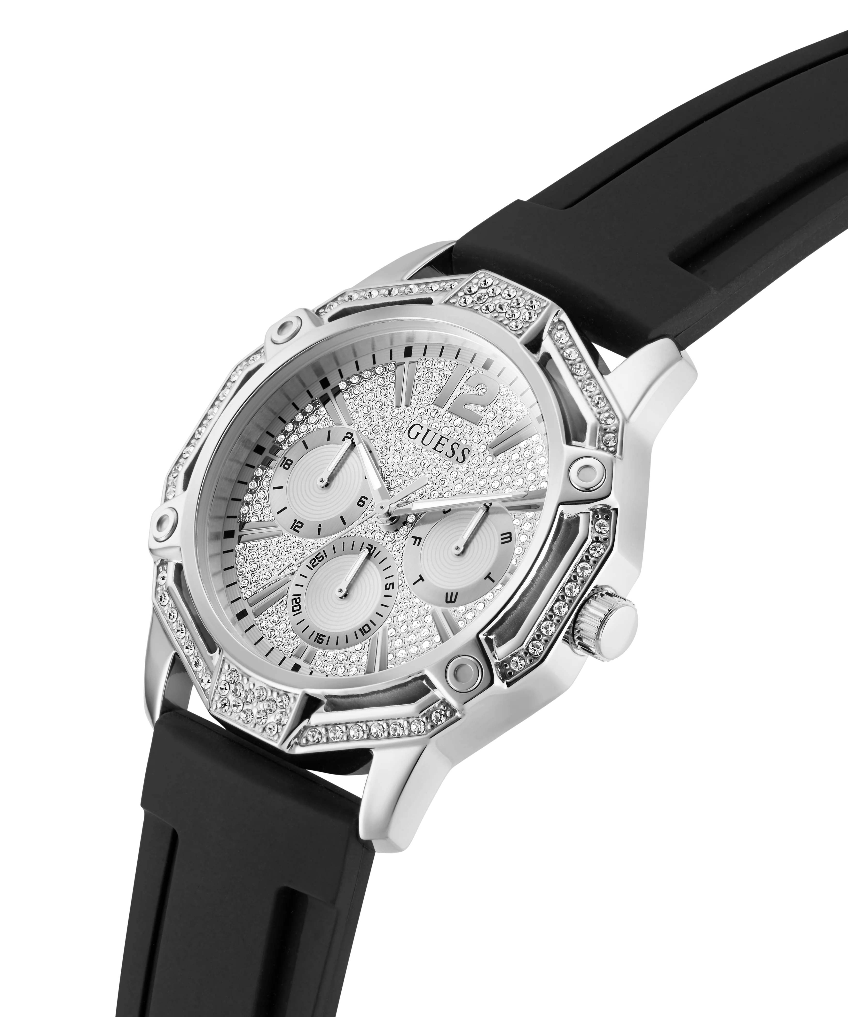 GUESS Mens Black Silver Tone Multi-function Watch