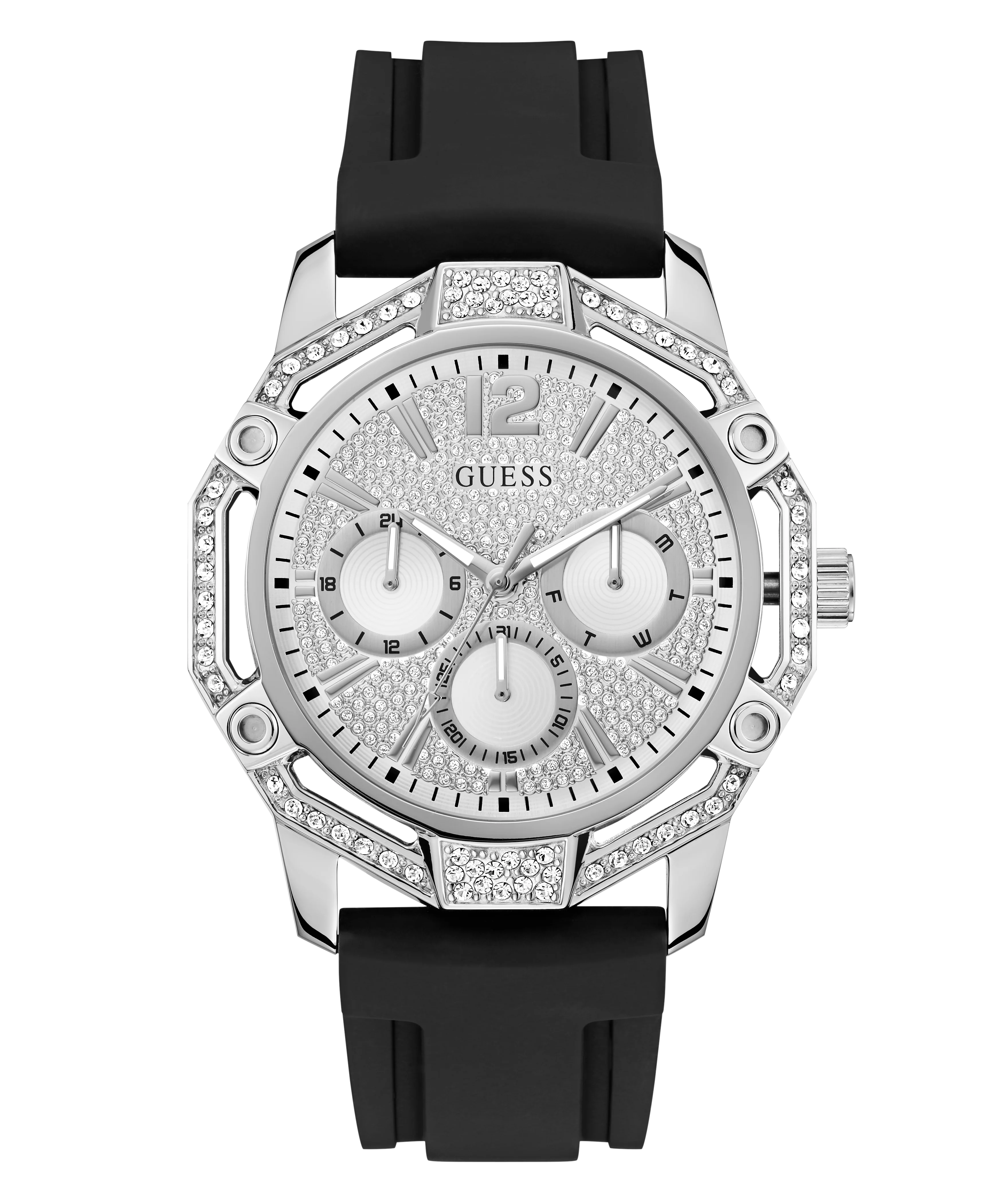 GUESS Mens Black Silver Tone Multi-function Watch