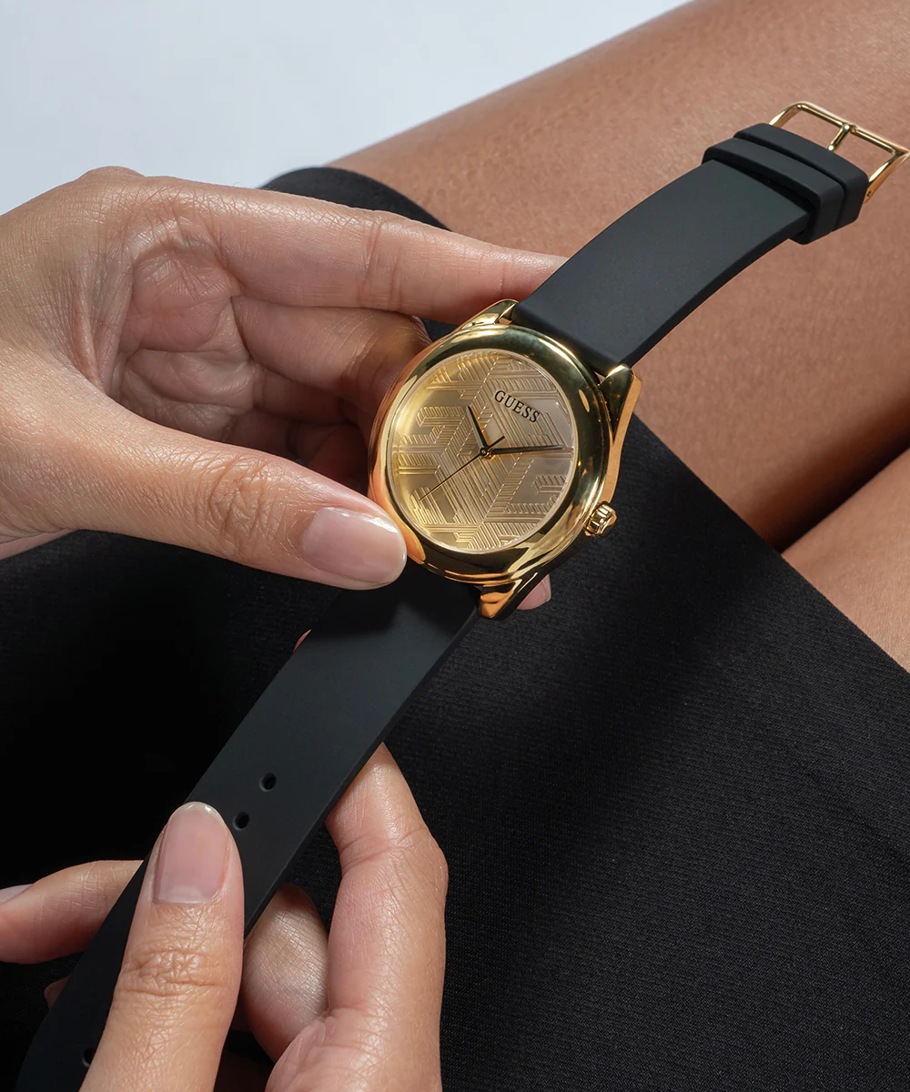 GUESS Ladies Black Gold Tone Analog Watch