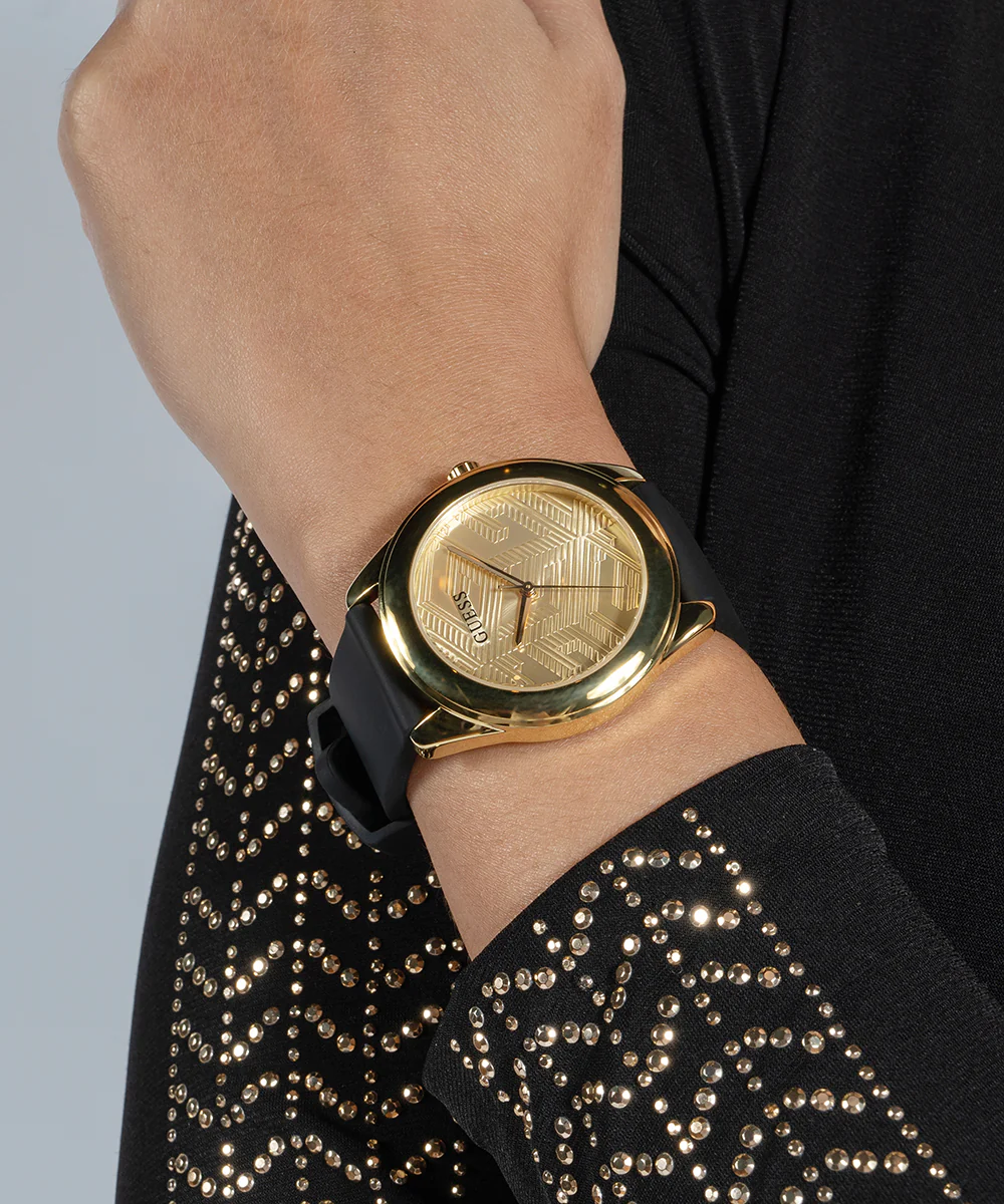 GUESS Ladies Black Gold Tone Analog Watch