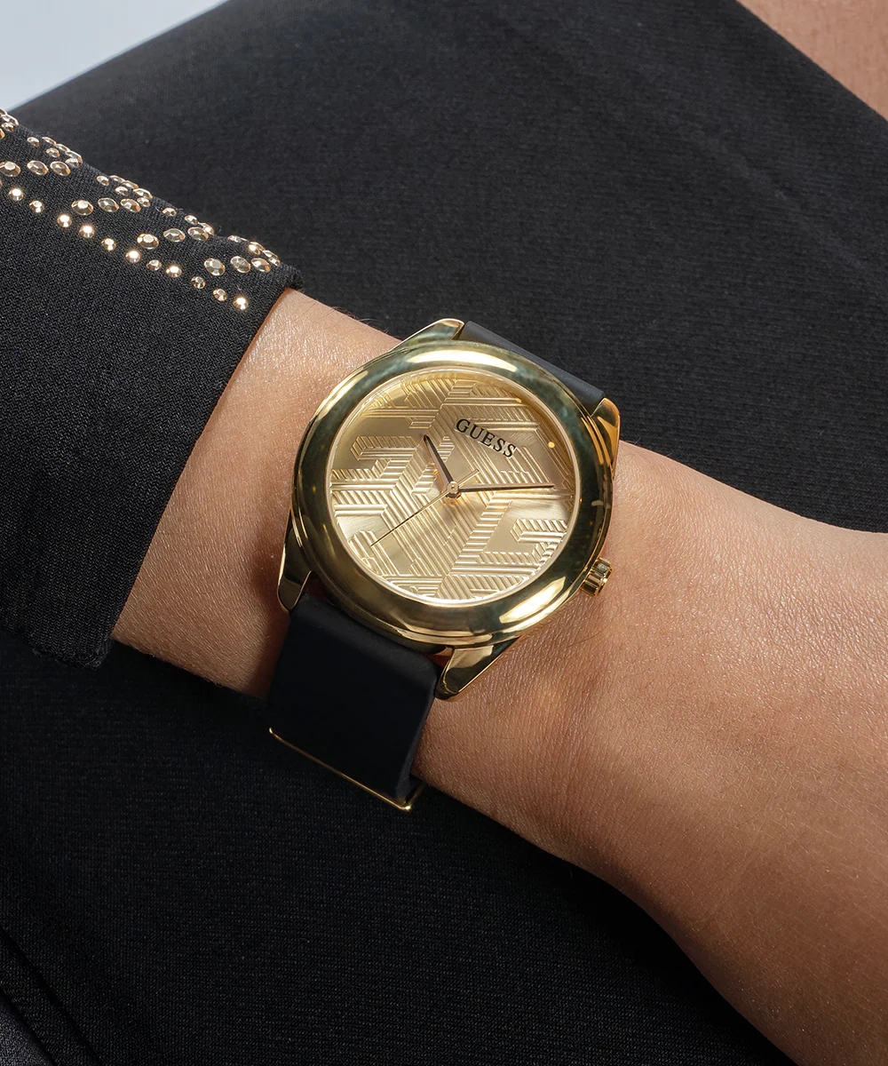 GUESS Ladies Black Gold Tone Analog Watch