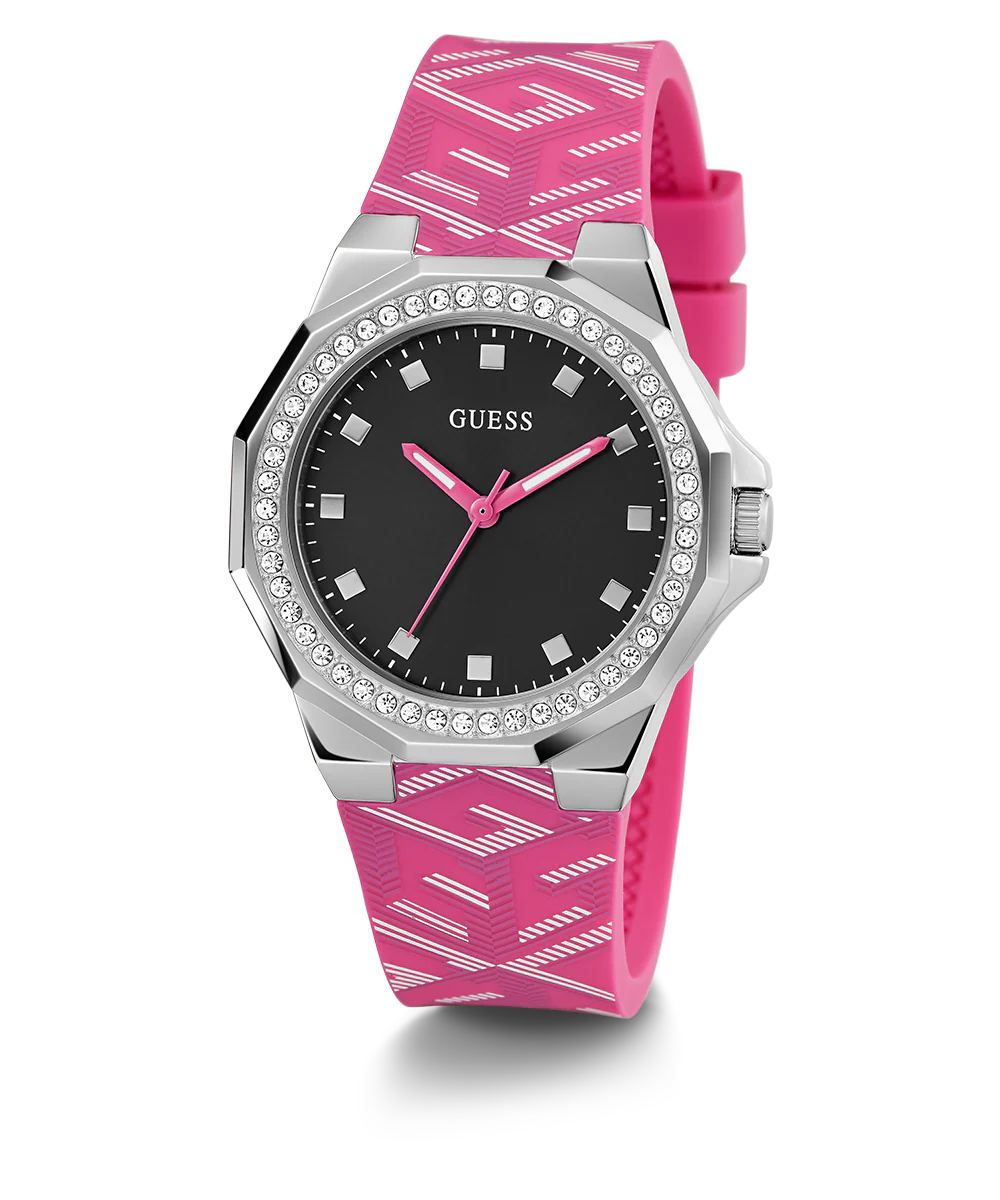 GUESS Ladies Pink Silver Tone Analog Watch