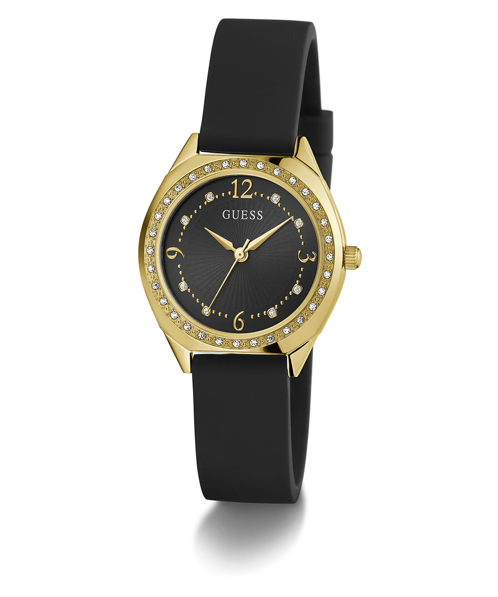 GUESS Ladies Black Gold Tone Analog Watch