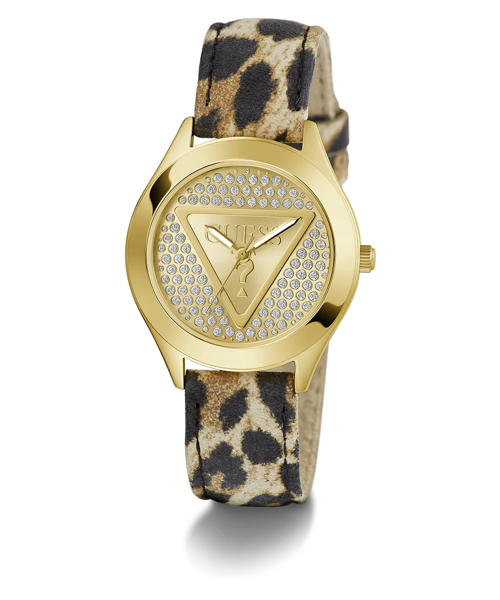 GUESS Ladies Leopard Gold Tone Analog Watch