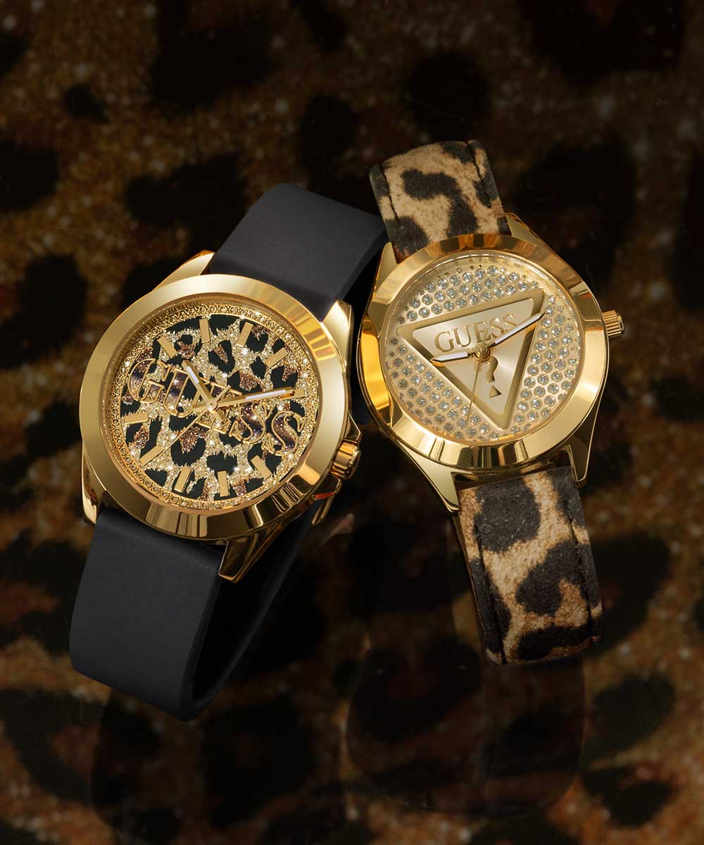 GUESS Ladies Leopard Gold Tone Analog Watch
