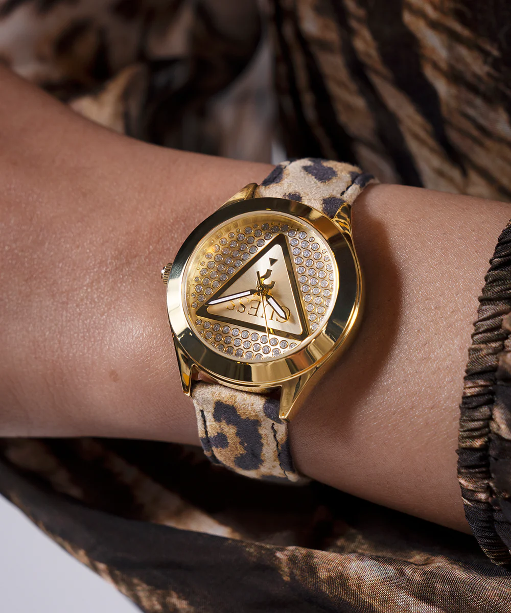 GUESS Ladies Leopard Gold Tone Analog Watch