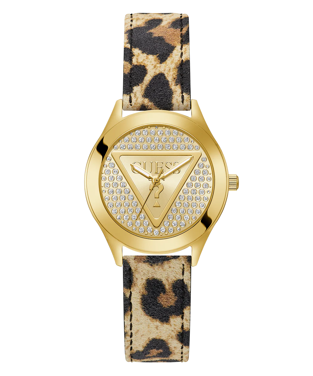 GUESS Ladies Leopard Gold Tone Analog Watch