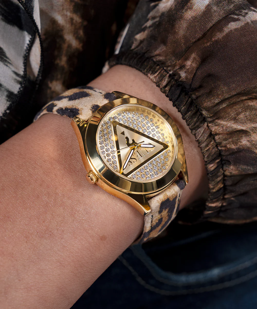 GUESS Ladies Leopard Gold Tone Analog Watch