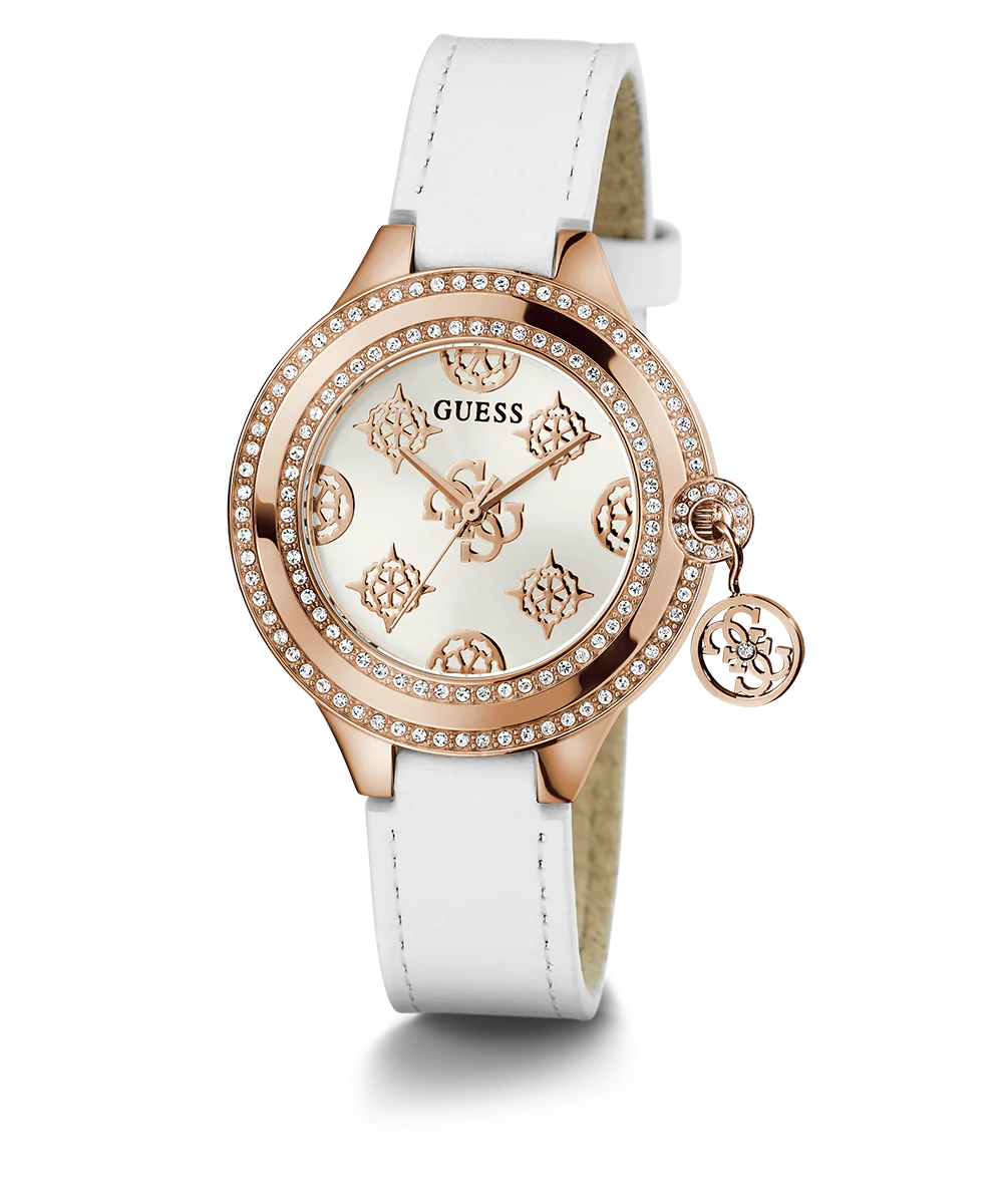GUESS Ladies White Rose Gold Tone Analog Watch
