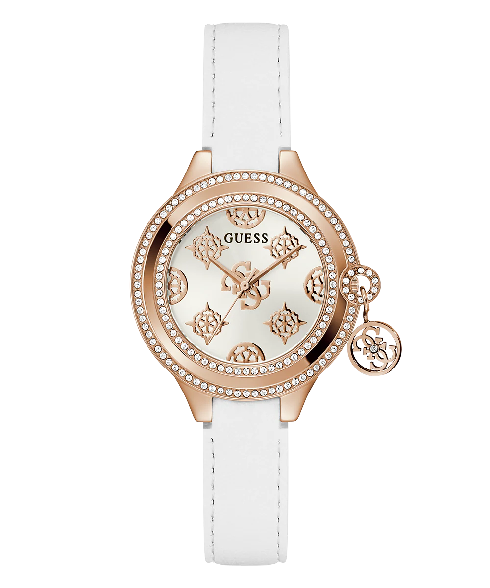 GUESS Ladies White Rose Gold Tone Analog Watch