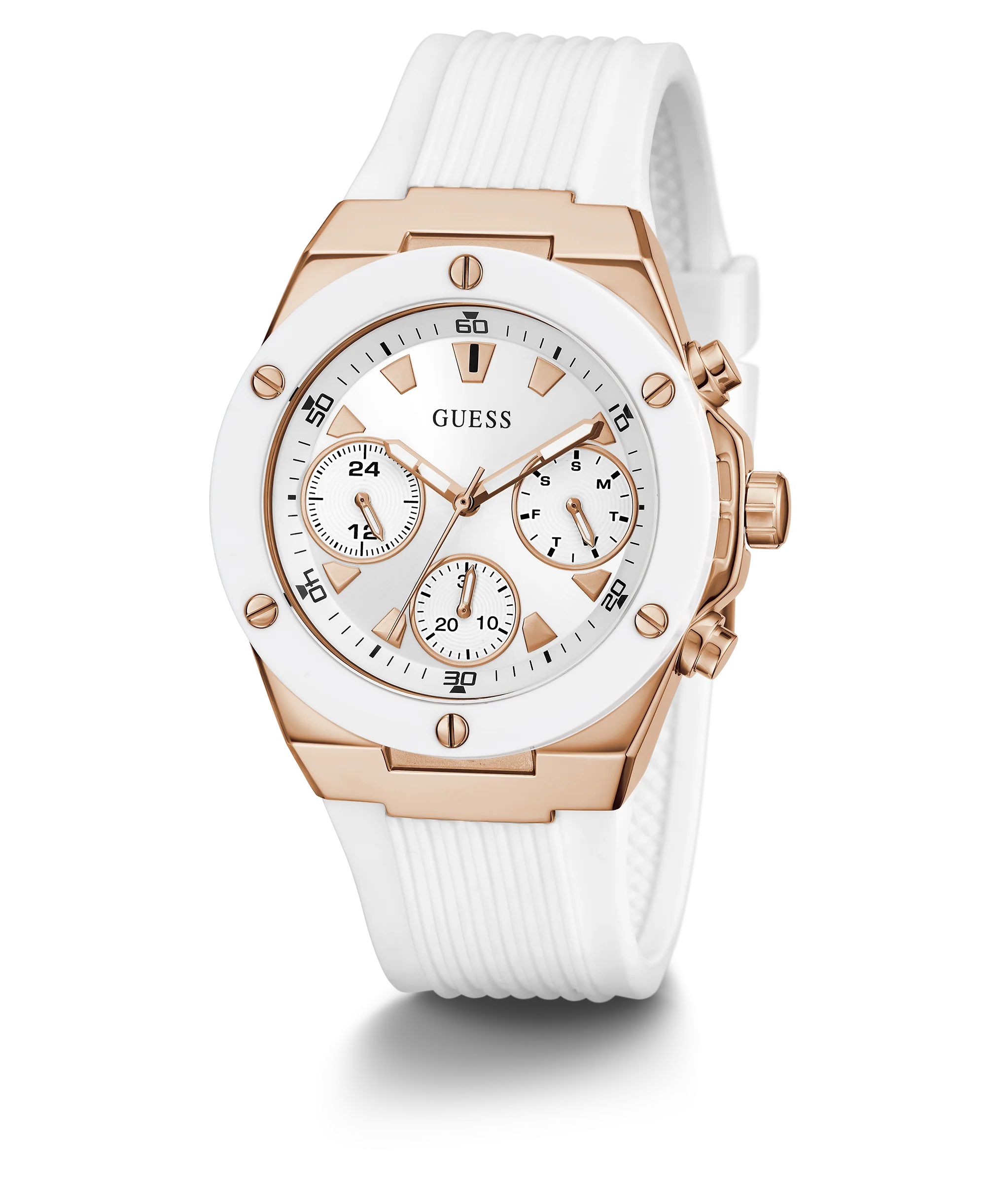 GUESS Ladies White Rose Gold Tone Multi-function Watch