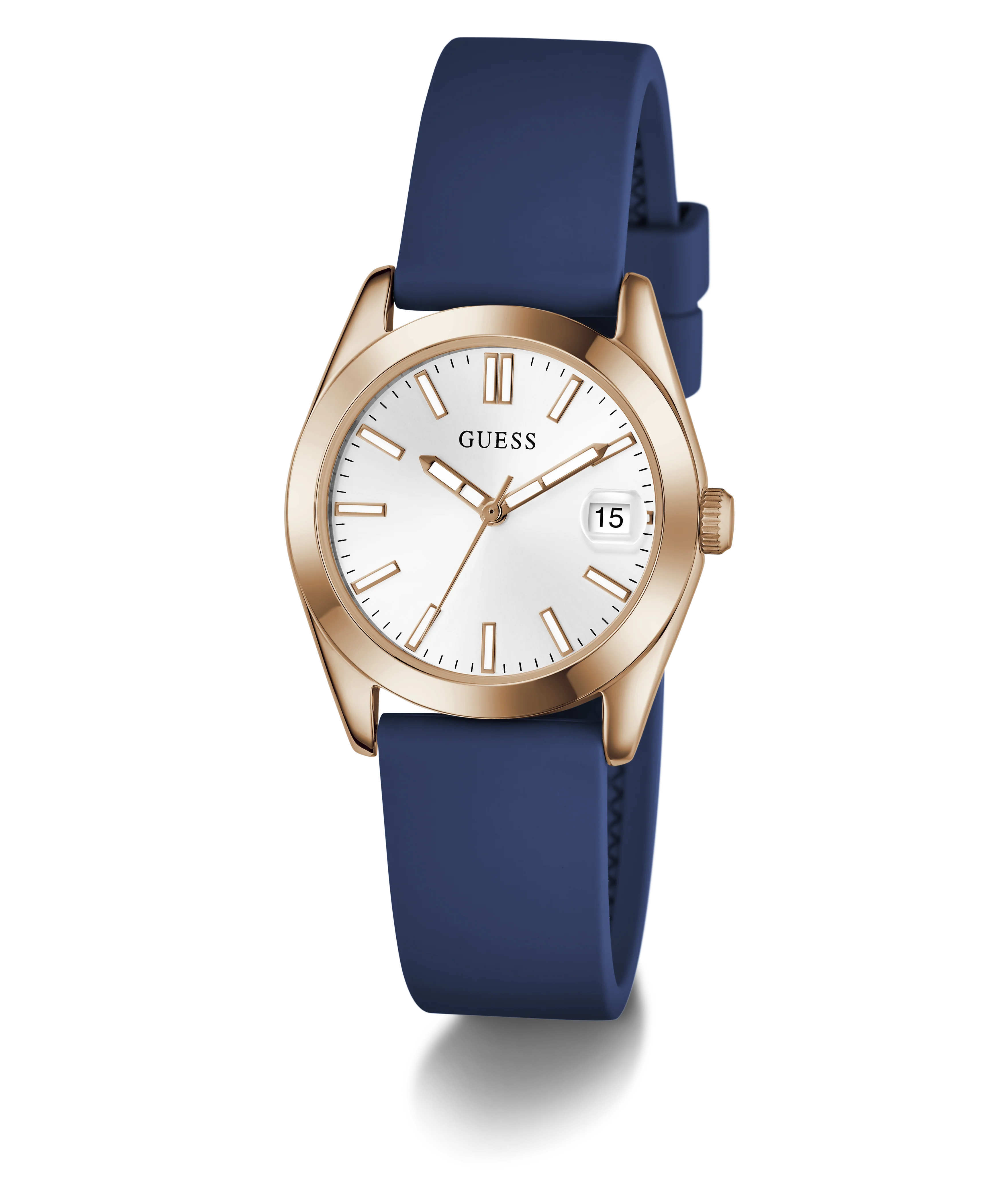 GUESS Ladies Blue Rose Gold Tone Analog Watch