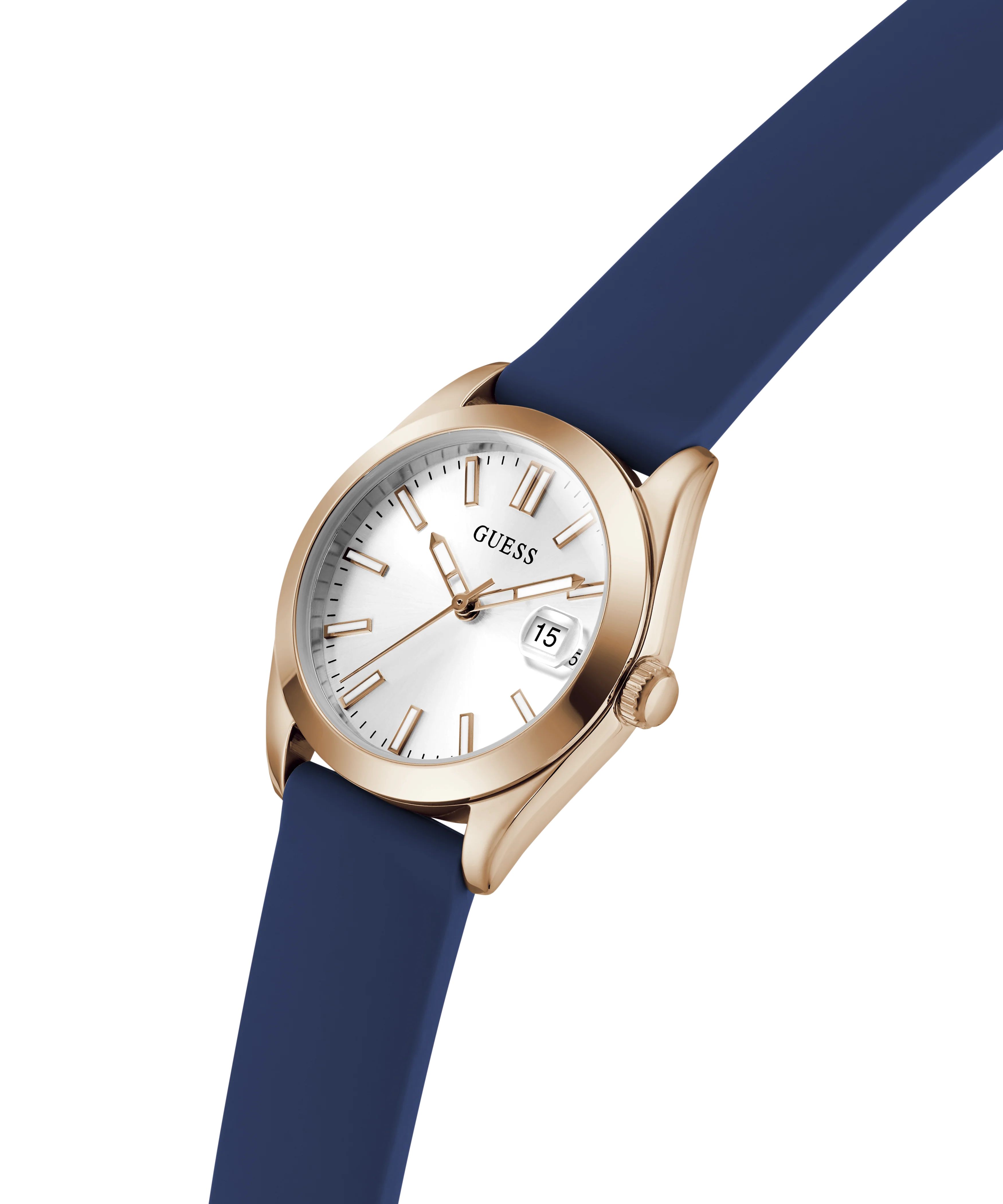 GUESS Ladies Blue Rose Gold Tone Analog Watch