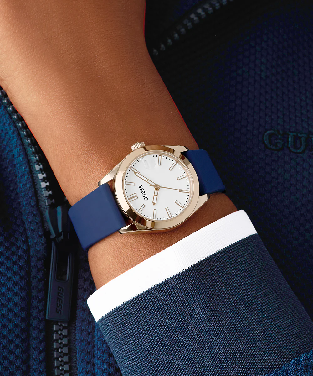 GUESS Ladies Blue Rose Gold Tone Analog Watch