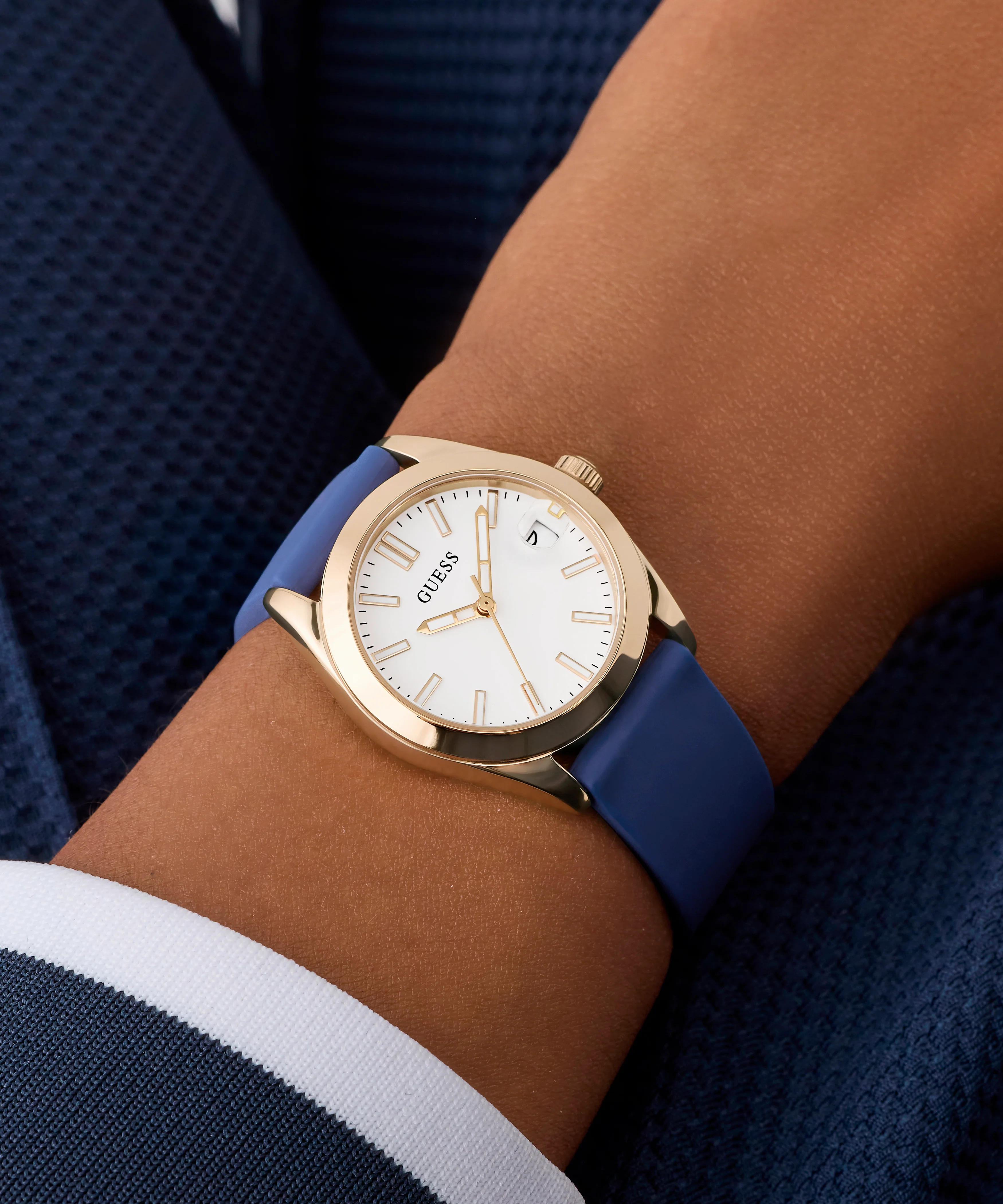 GUESS Ladies Blue Rose Gold Tone Analog Watch