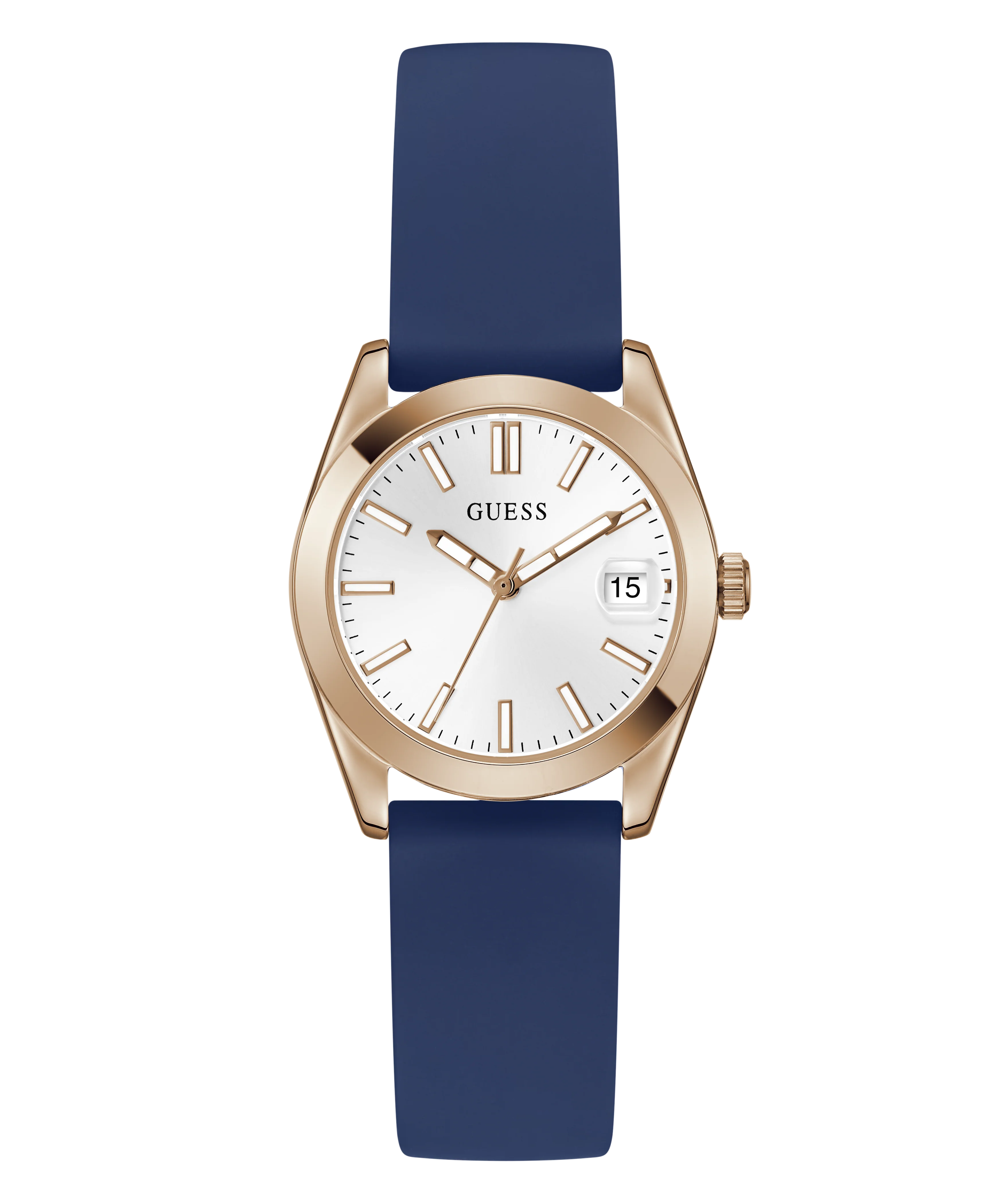 GUESS Ladies Blue Rose Gold Tone Analog Watch