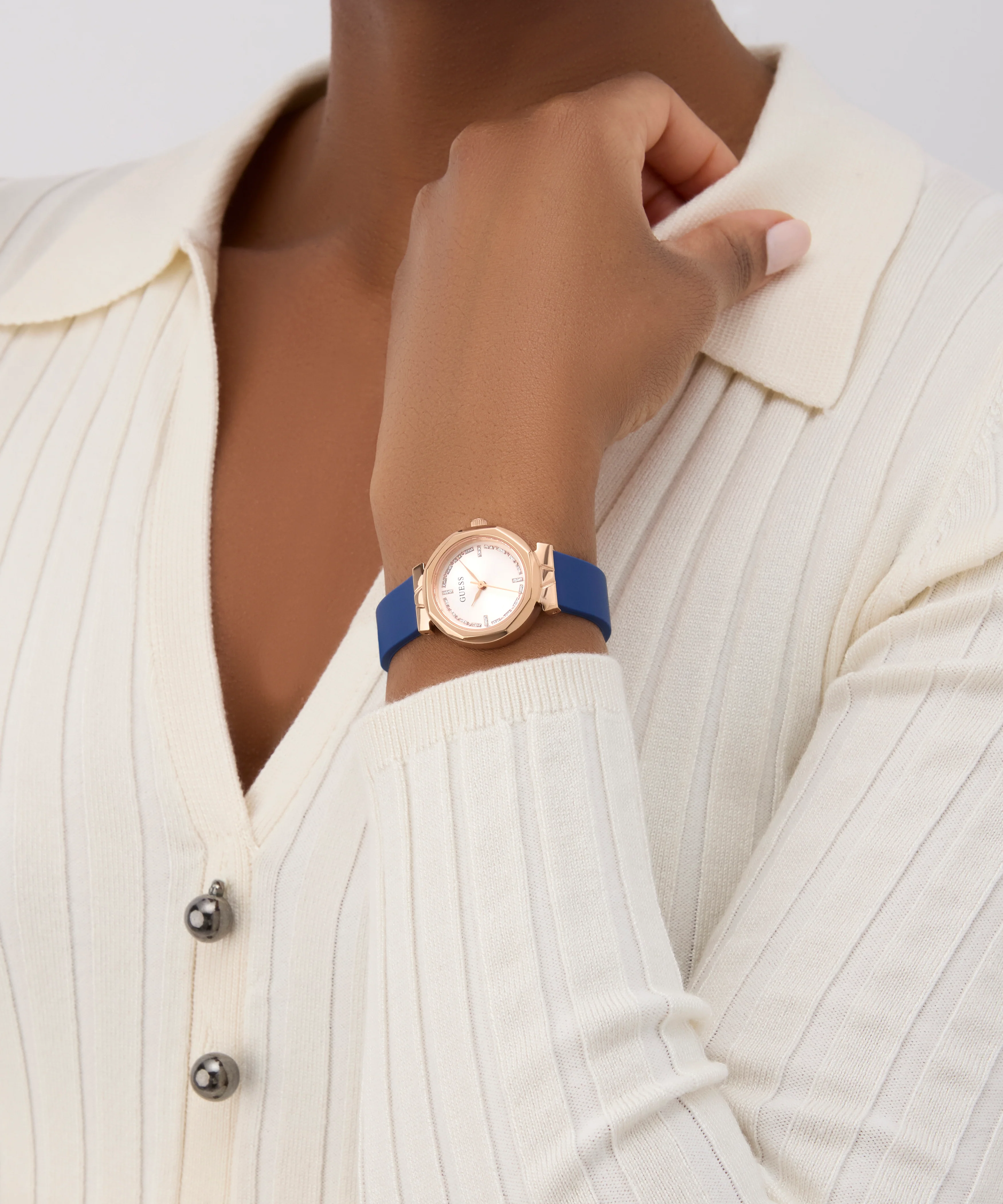 GUESS Ladies Blue Rose Gold Tone Analog Watch