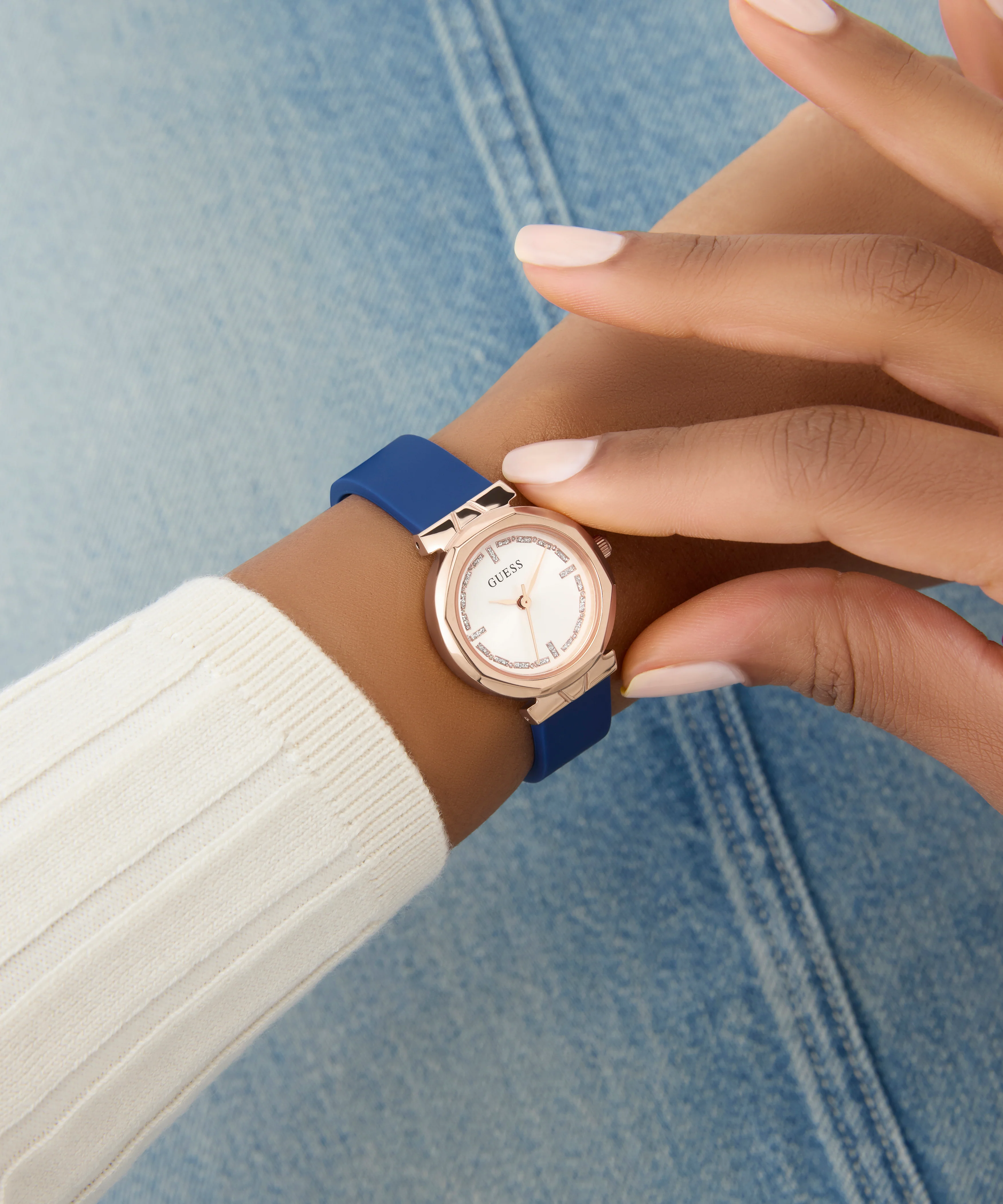 GUESS Ladies Blue Rose Gold Tone Analog Watch