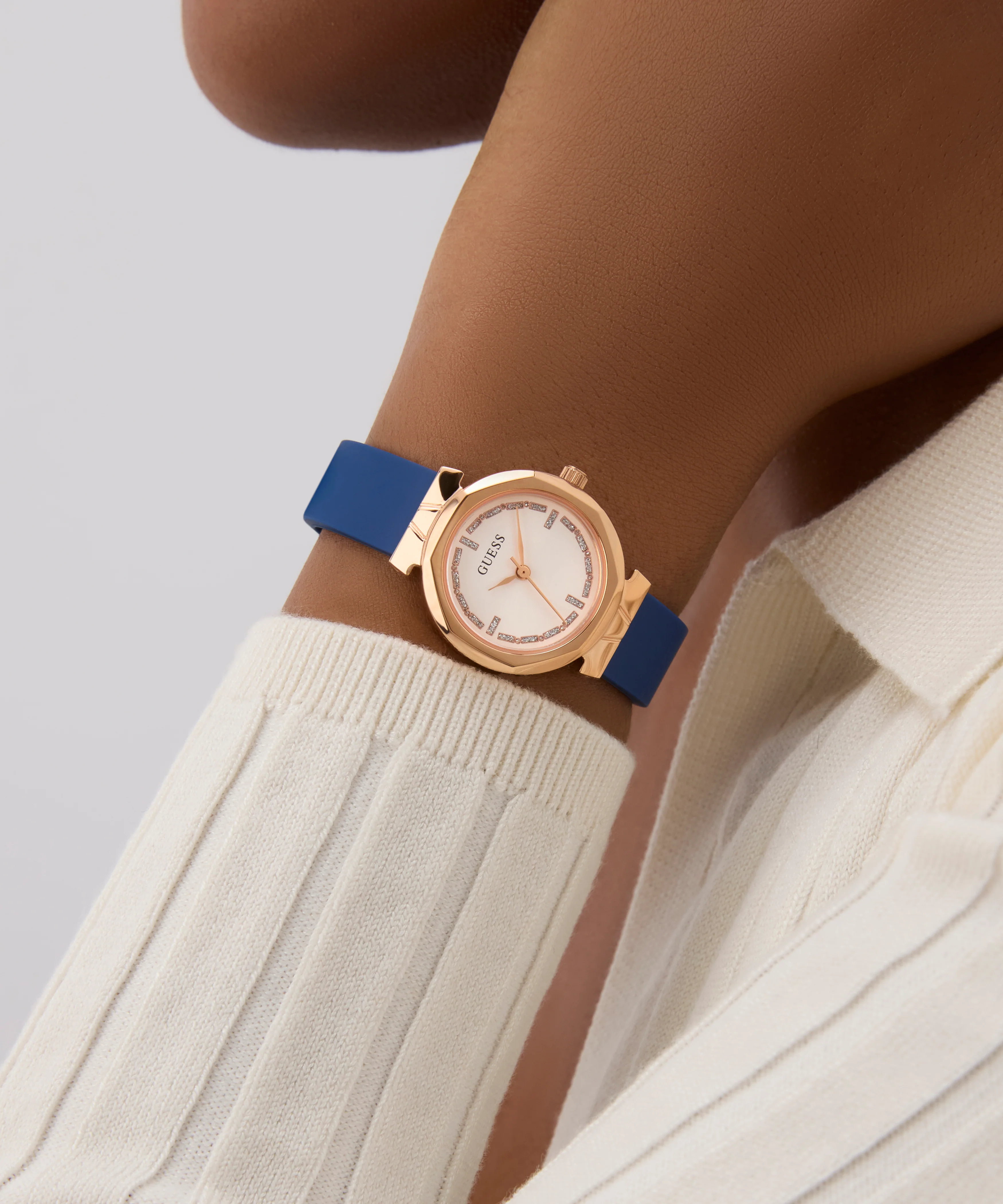 GUESS Ladies Blue Rose Gold Tone Analog Watch
