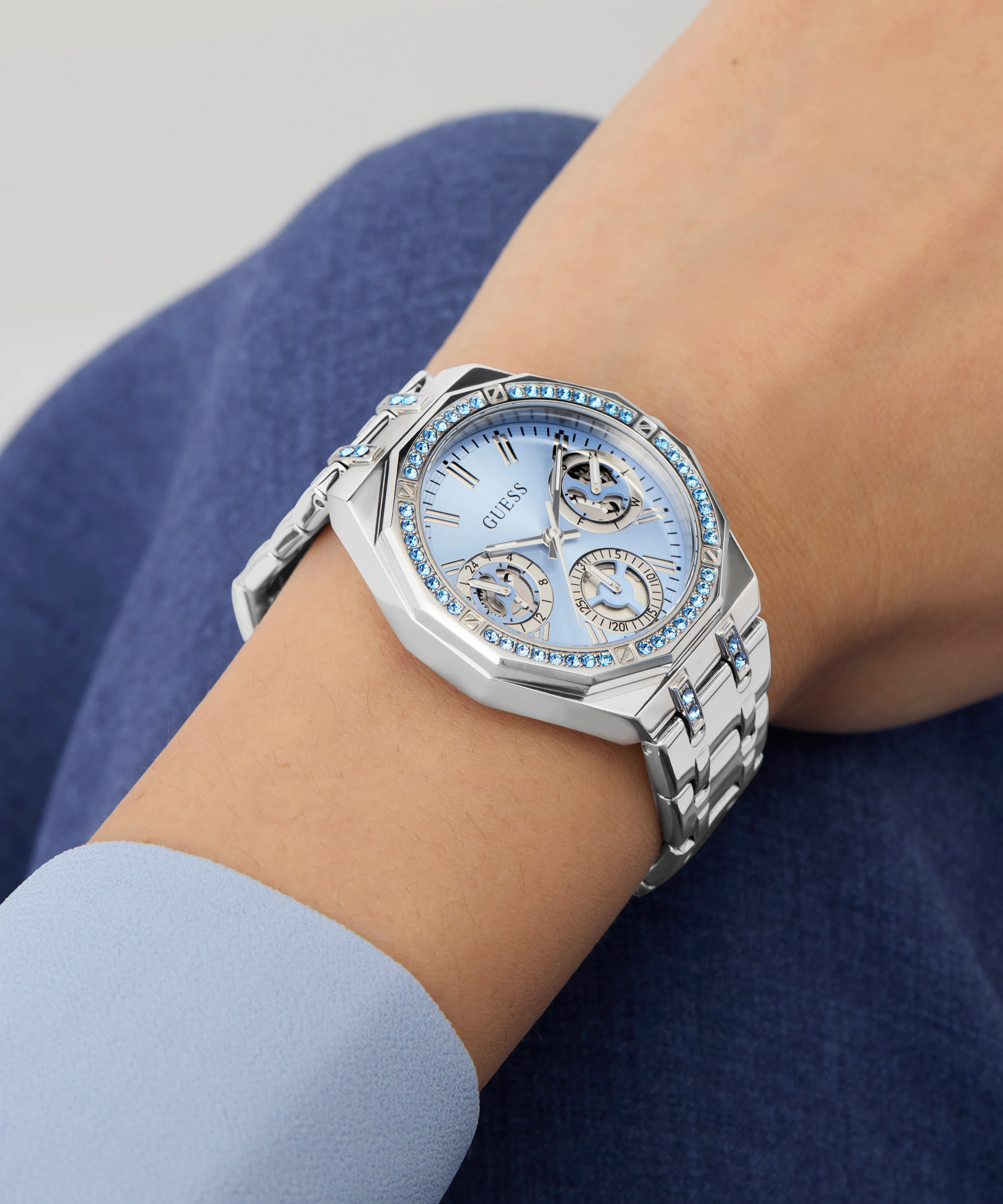 GUESS Ladies Silver Tone Multi-function Watch with Swarovski ReCreated™ crystals