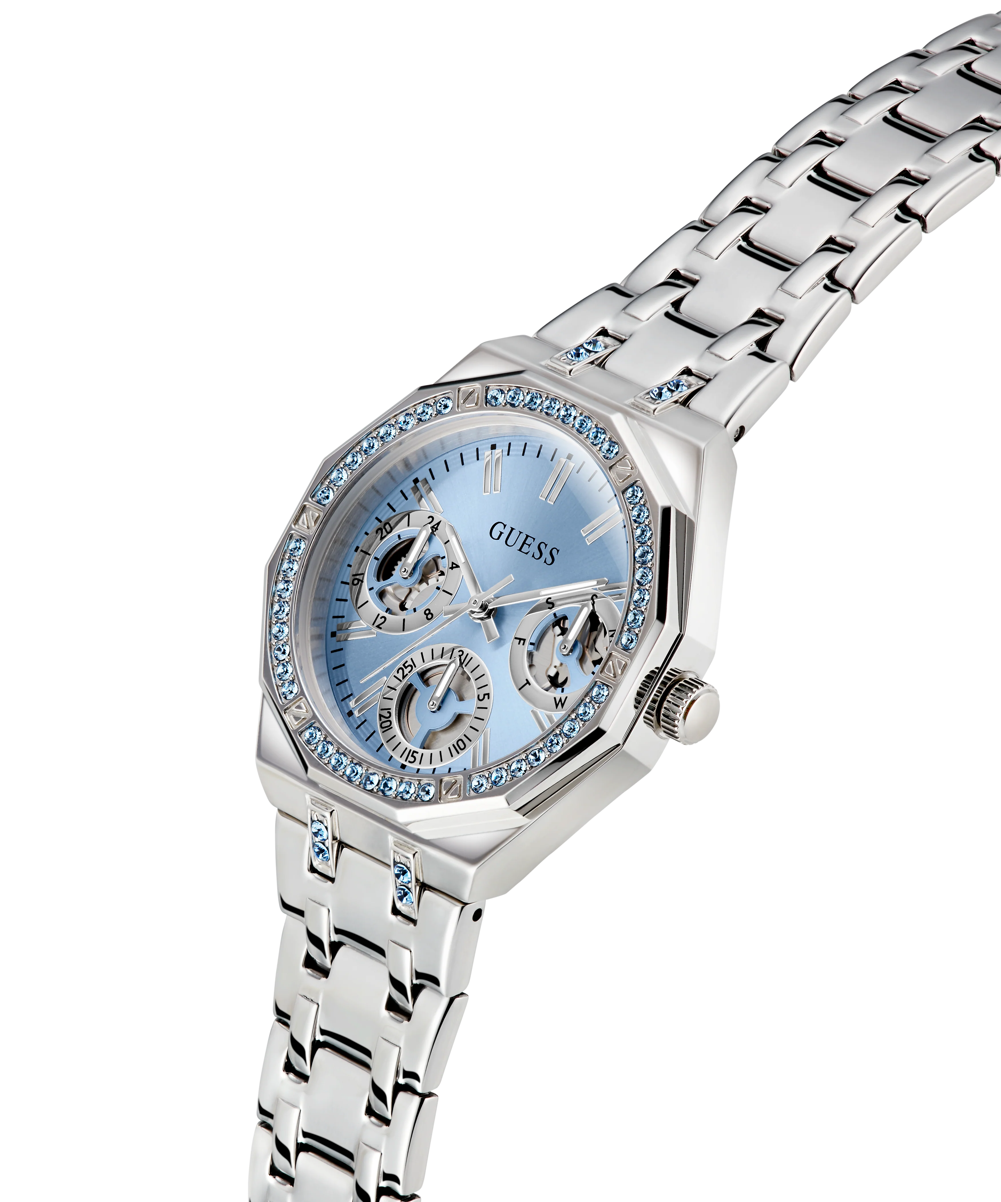 GUESS Ladies Silver Tone Multi-function Watch with Swarovski ReCreated™ crystals