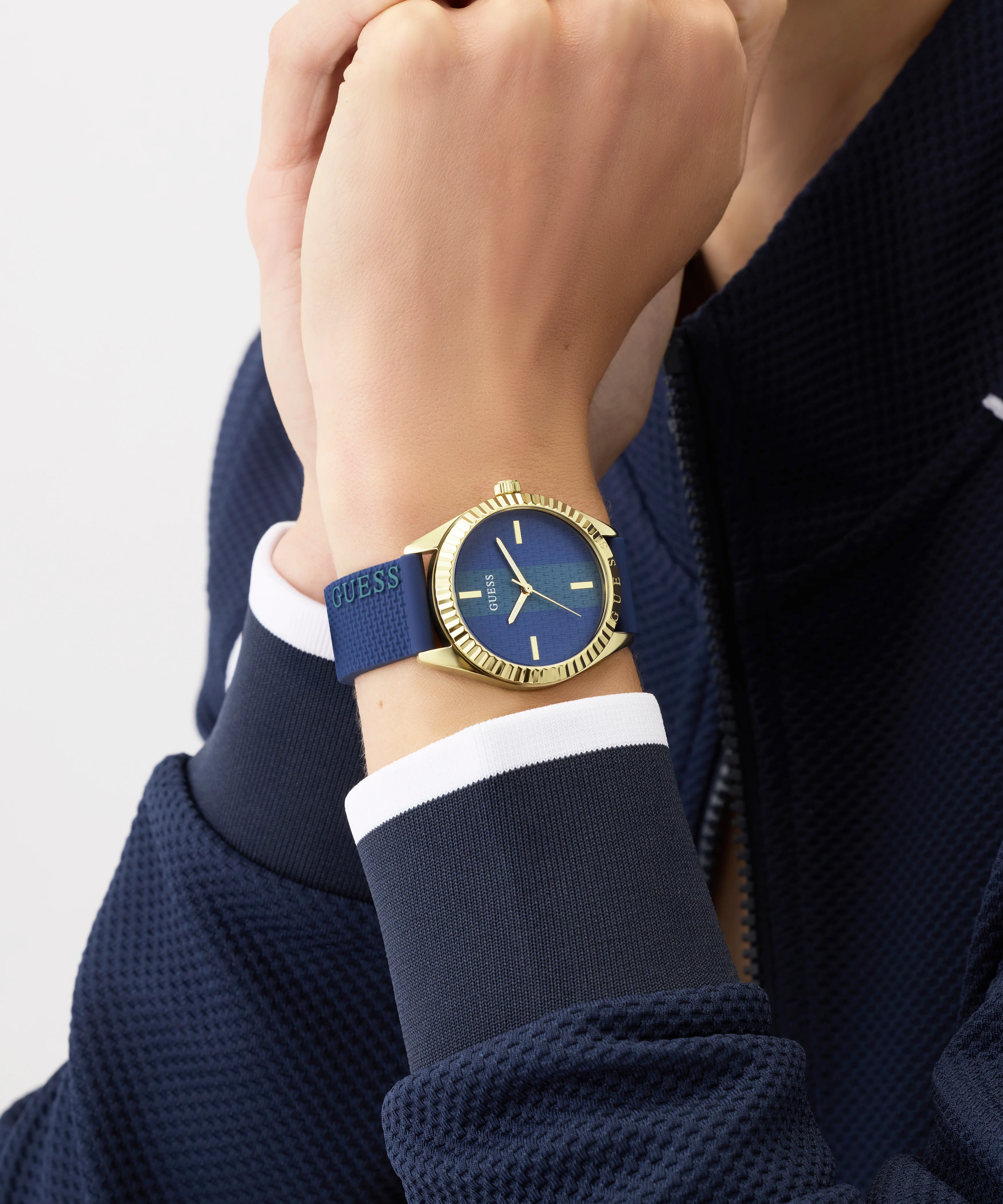 GUESS Ladies Blue Gold Tone Analog Watch