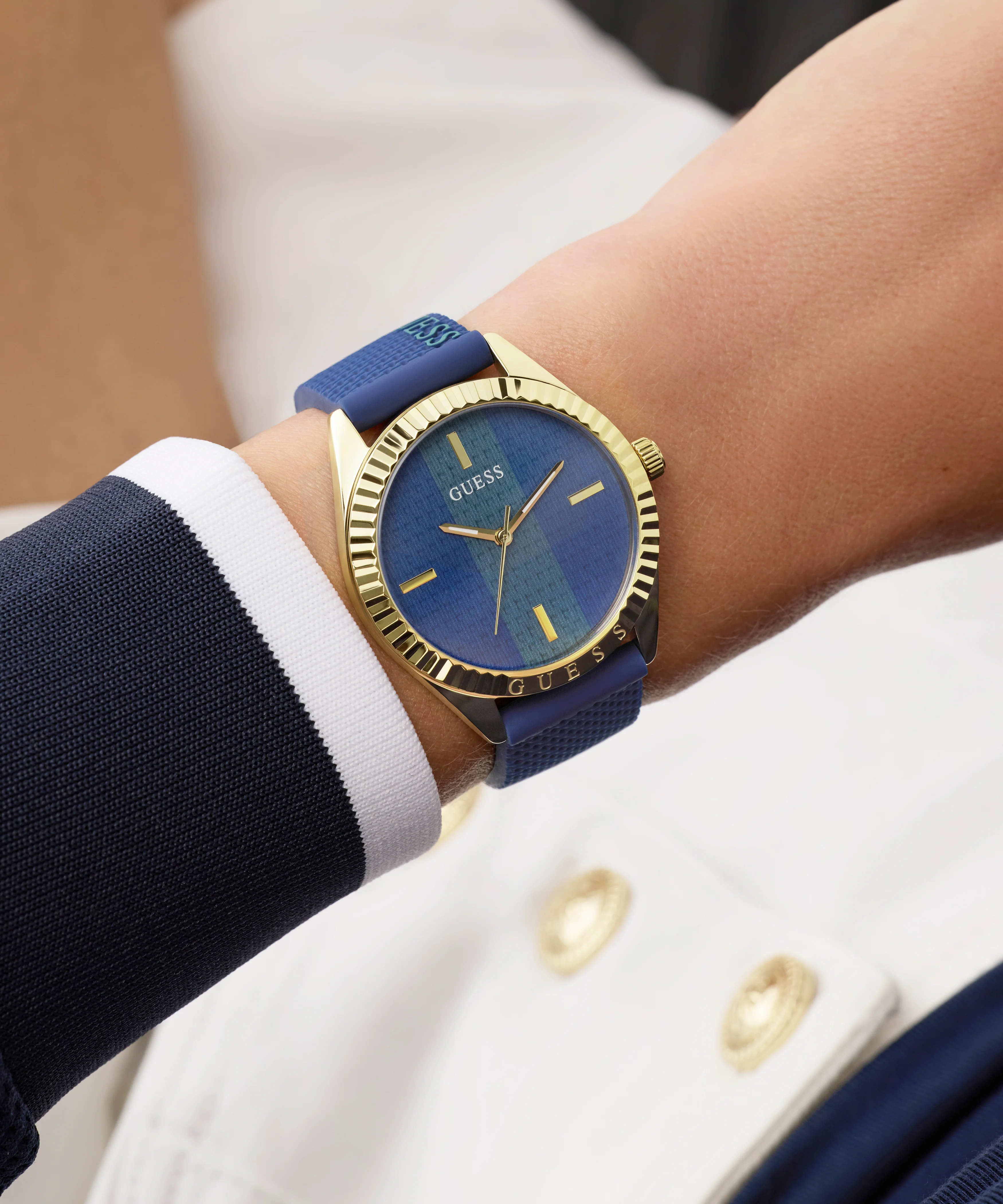 GUESS Ladies Blue Gold Tone Analog Watch