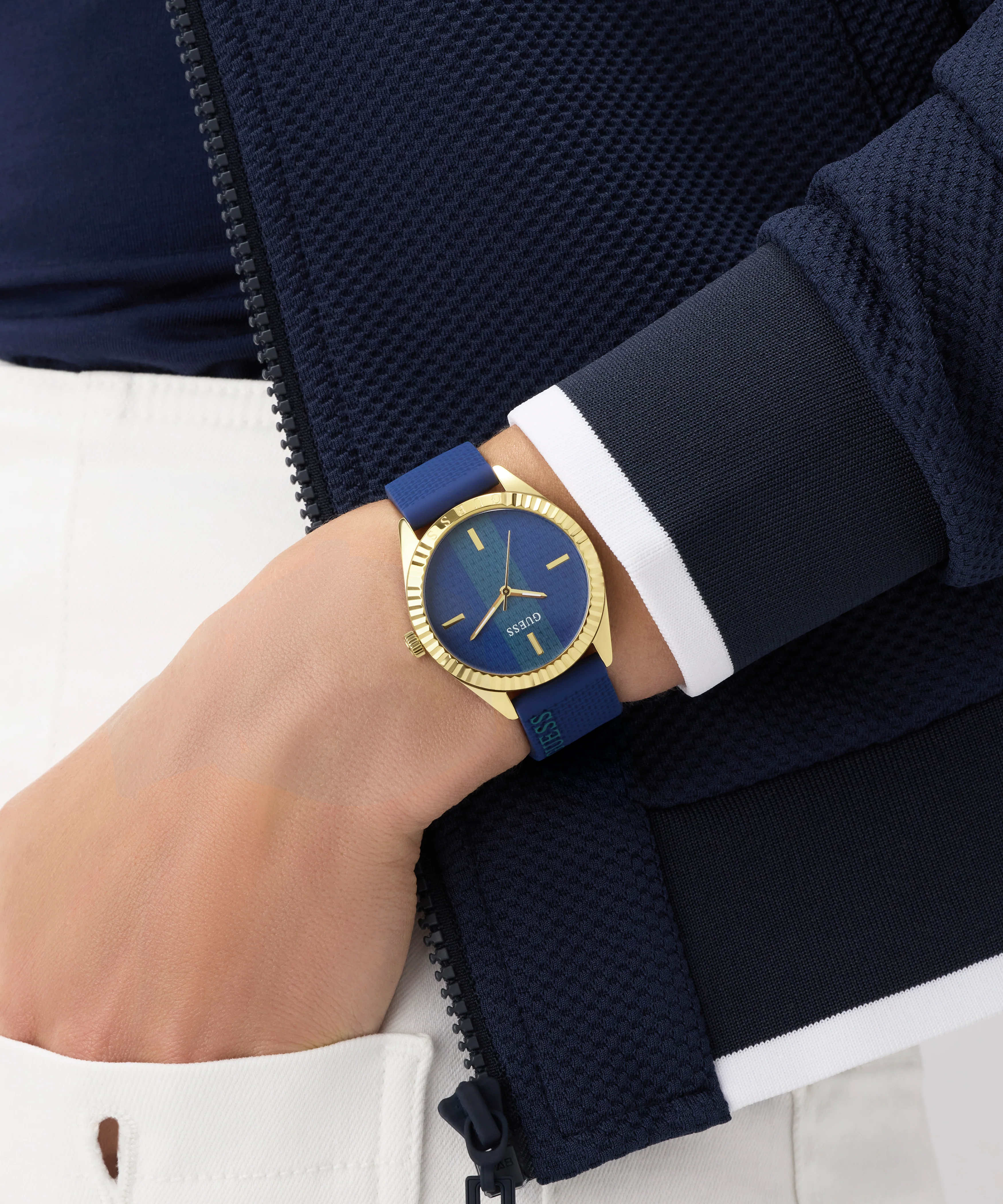 GUESS Ladies Blue Gold Tone Analog Watch