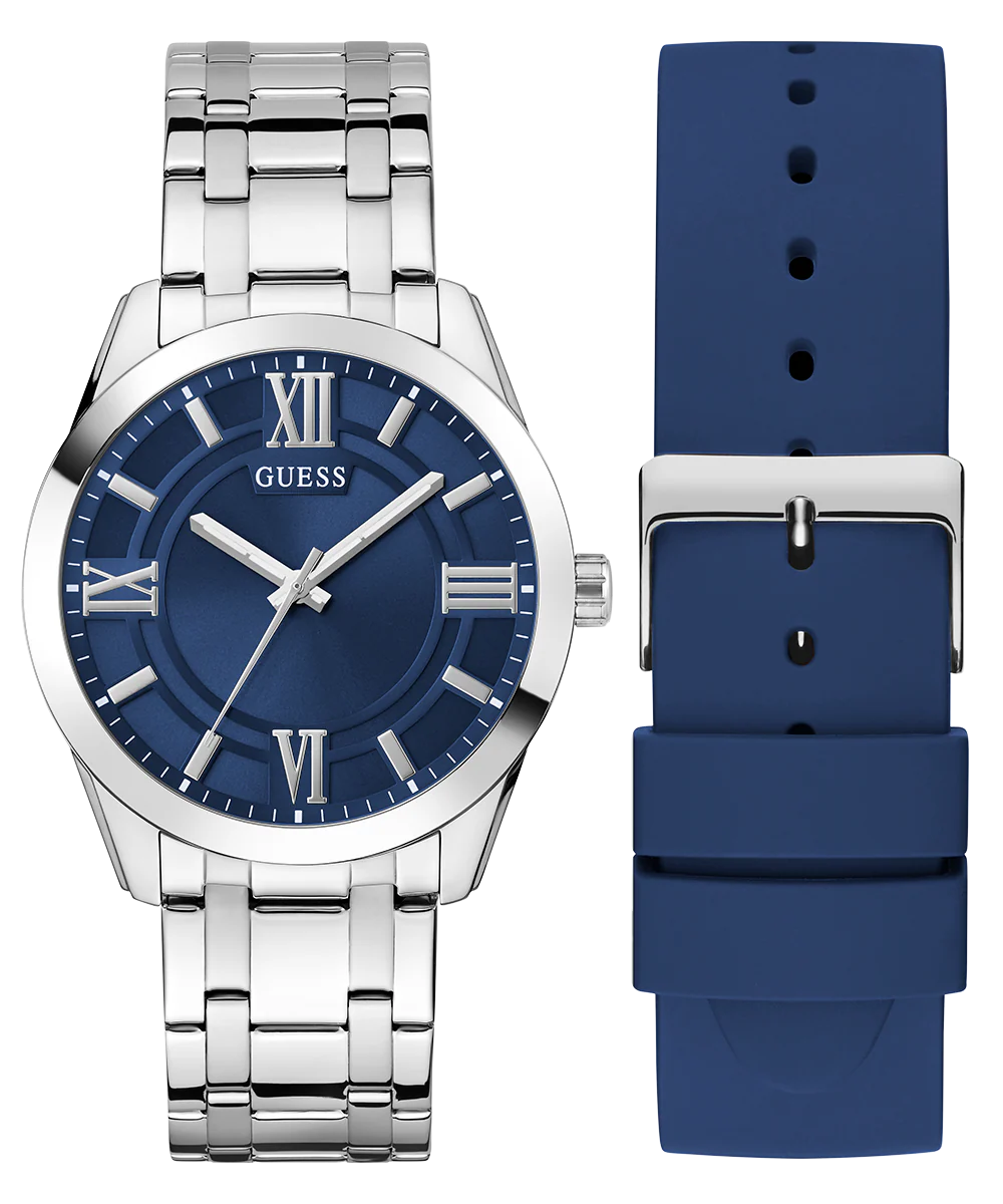 GUESS Mens Silver Tone Analog Watch Gift Set