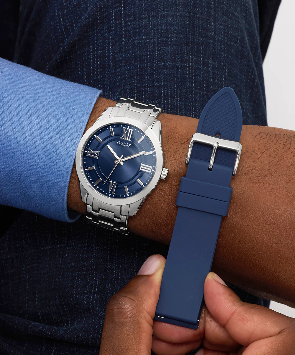 GUESS Mens Silver Tone Analog Watch Gift Set