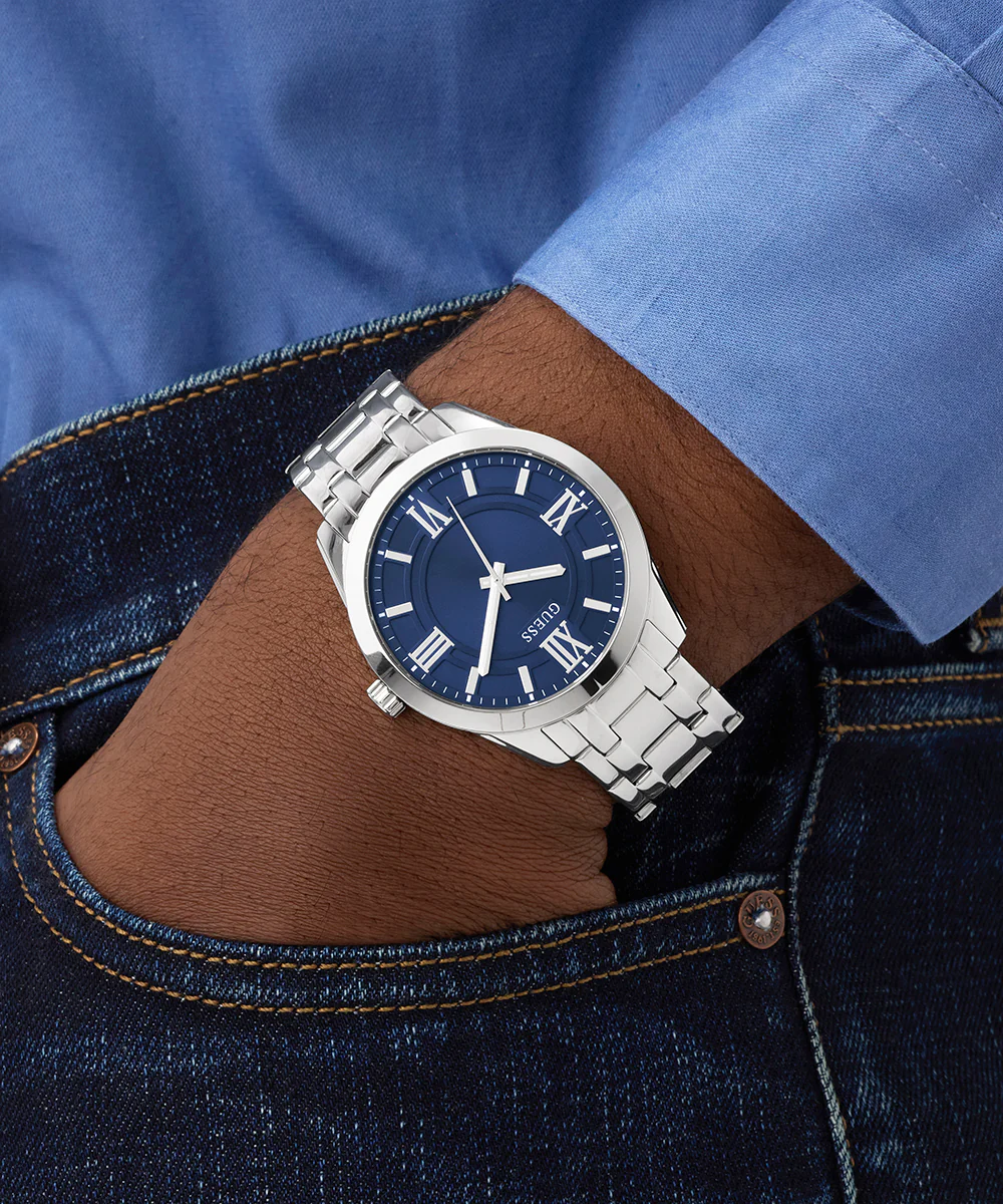 GUESS Mens Silver Tone Analog Watch Gift Set