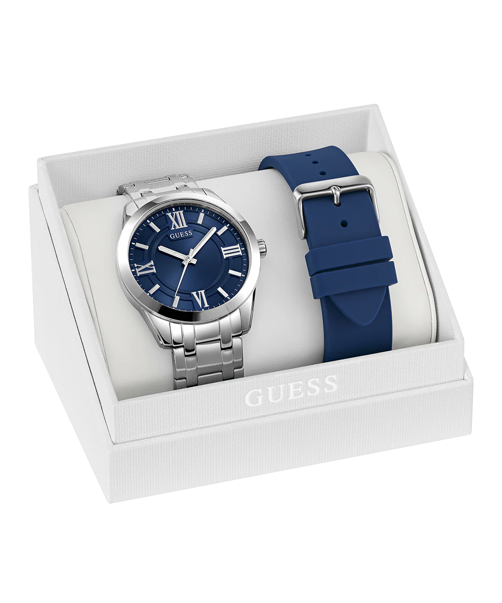 GUESS Mens Silver Tone Analog Watch Gift Set