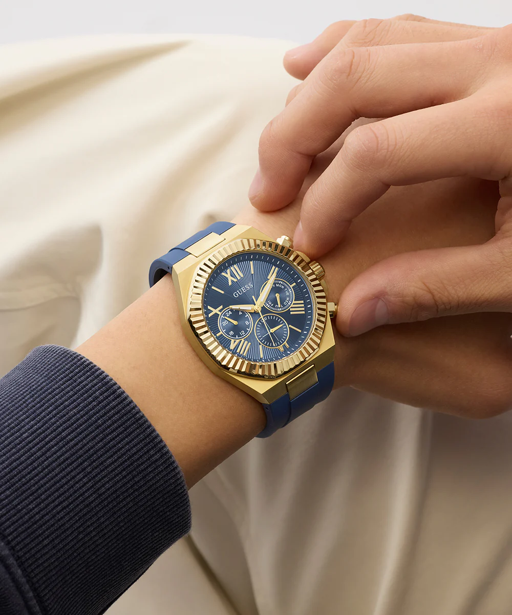 GUESS Mens Equity Blue Gold Tone Analog Watch