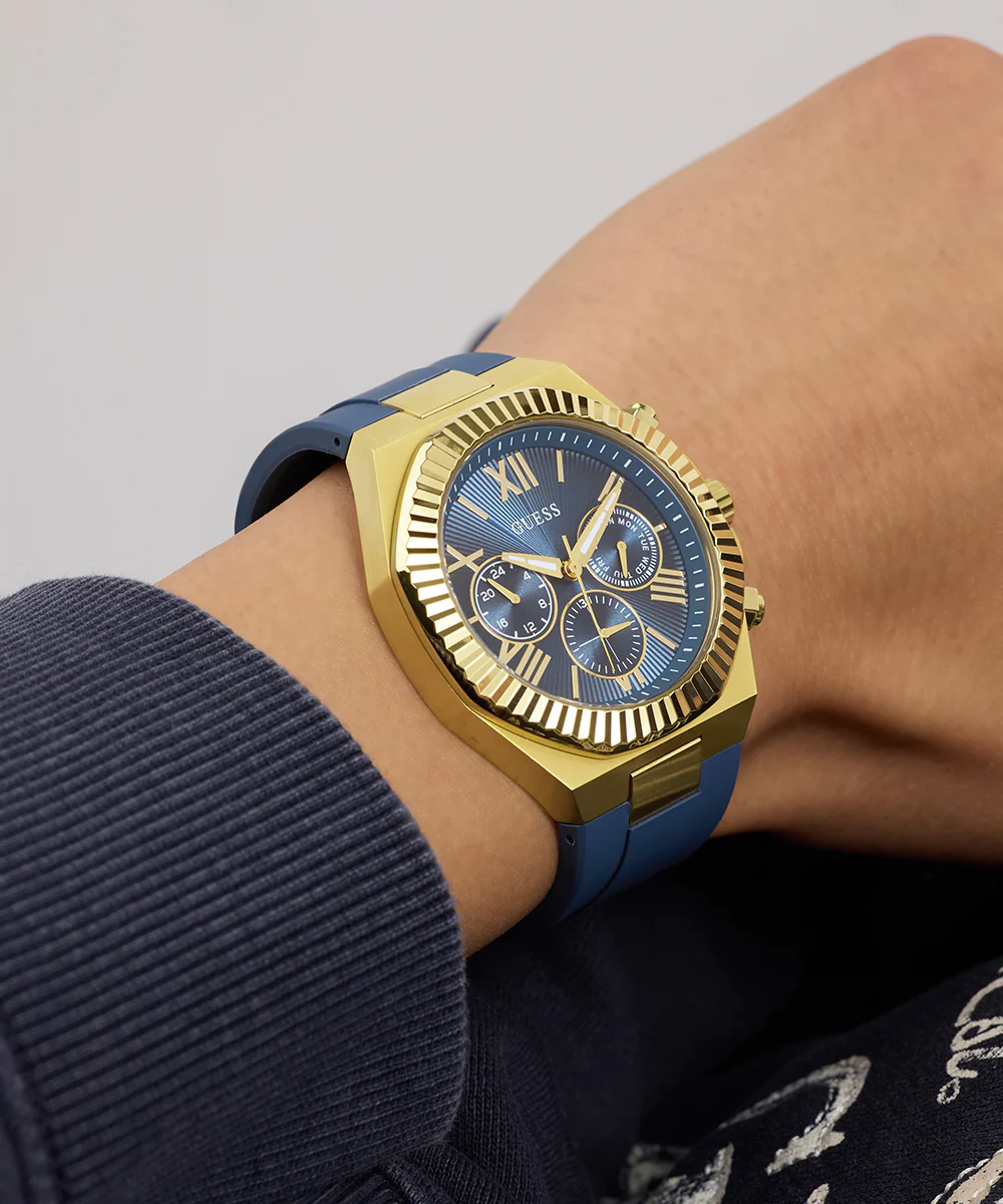 GUESS Mens Equity Blue Gold Tone Analog Watch