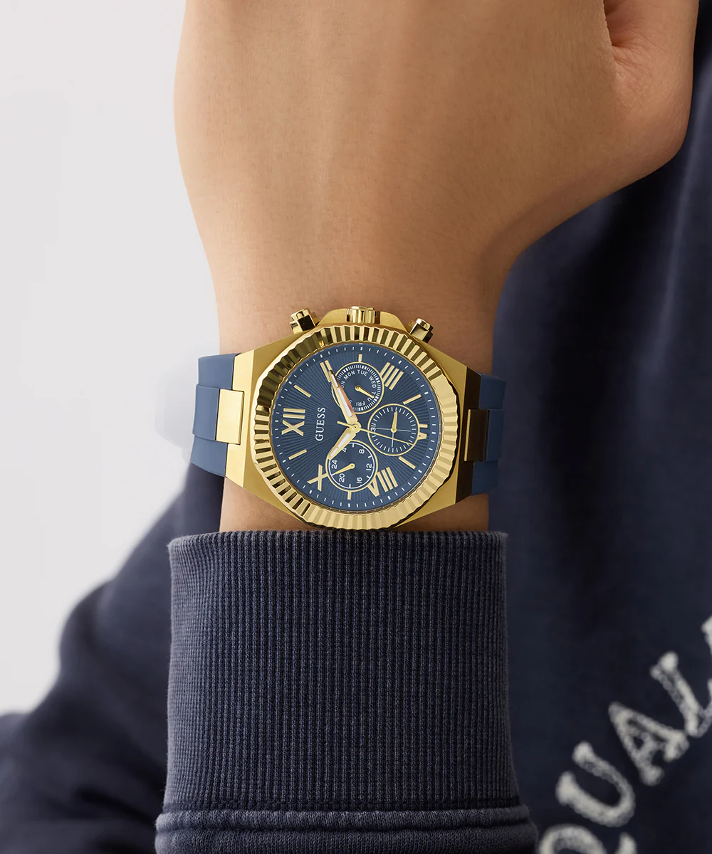 GUESS Mens Equity Blue Gold Tone Analog Watch
