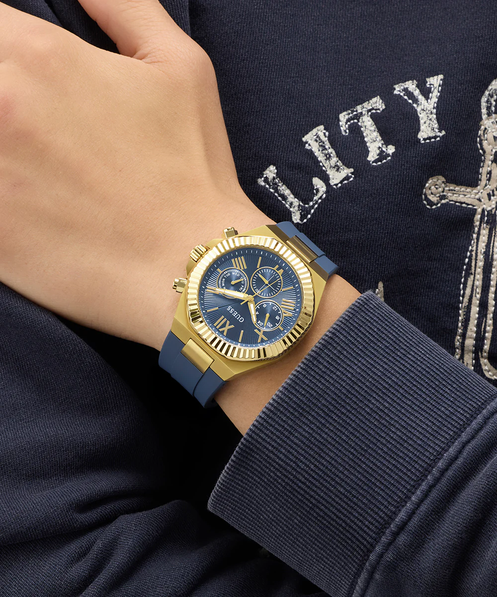GUESS Mens Equity Blue Gold Tone Analog Watch